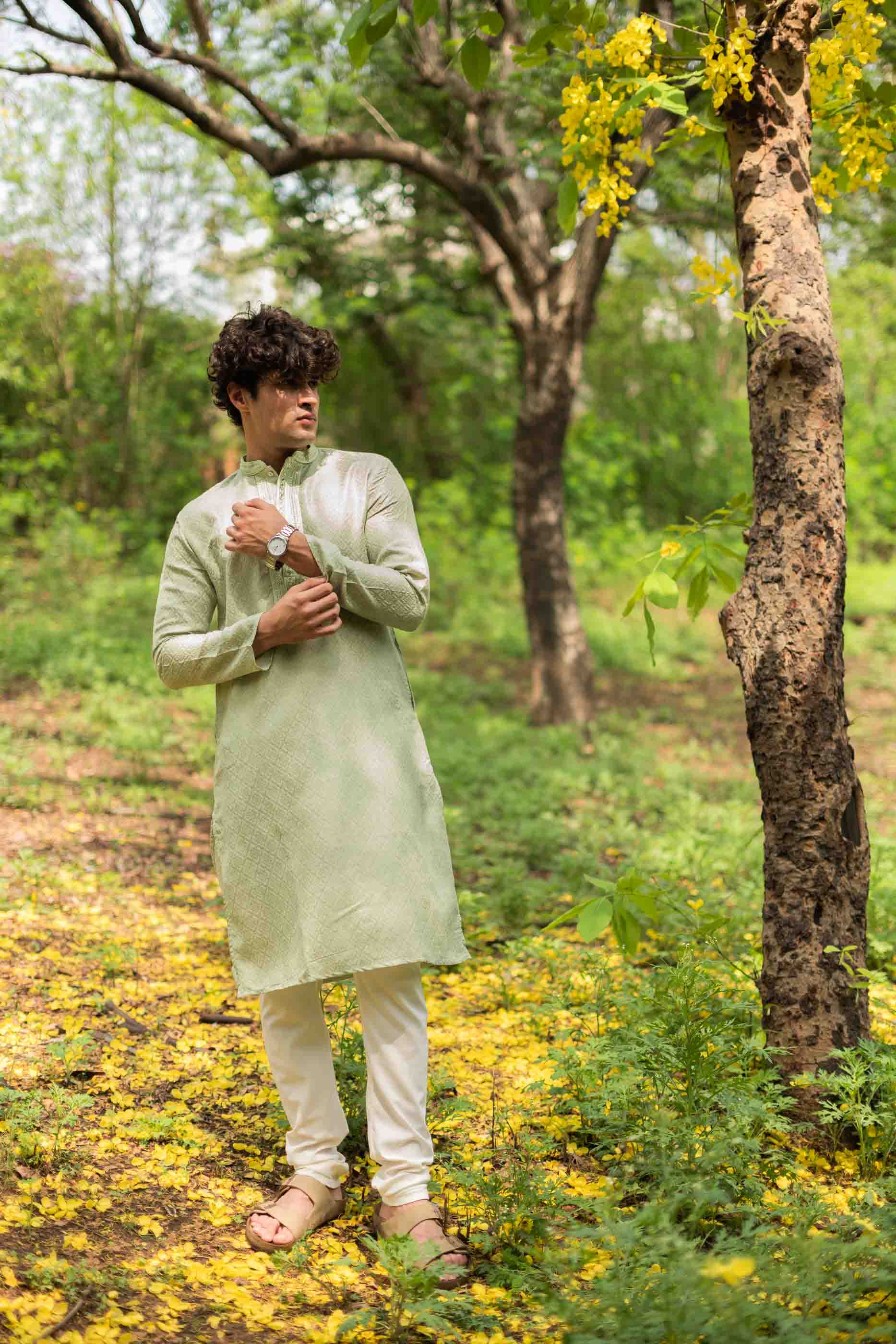 Light green Jacquard Kurta with Mirror work