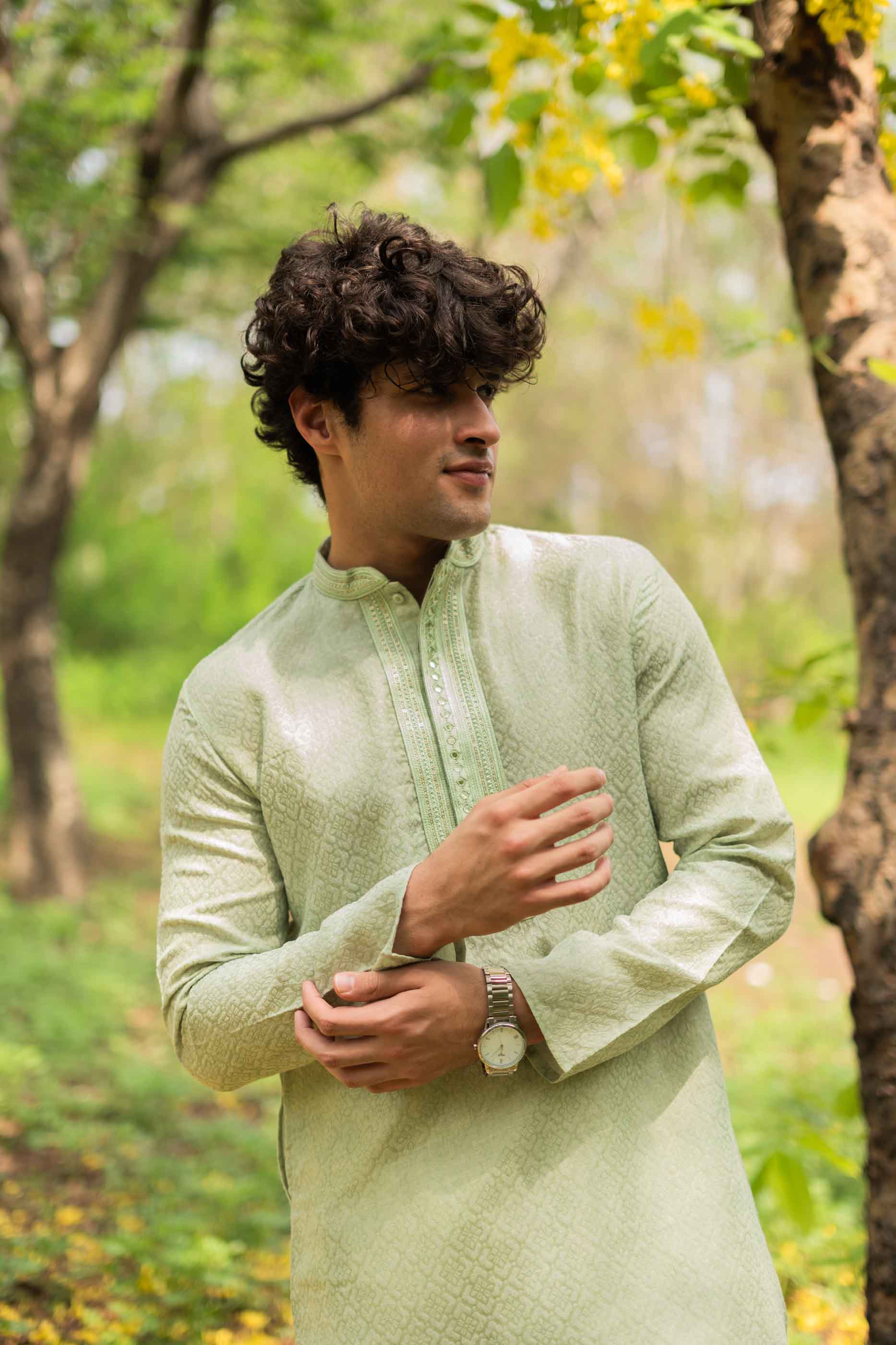 Light green Jacquard Kurta with Mirror work