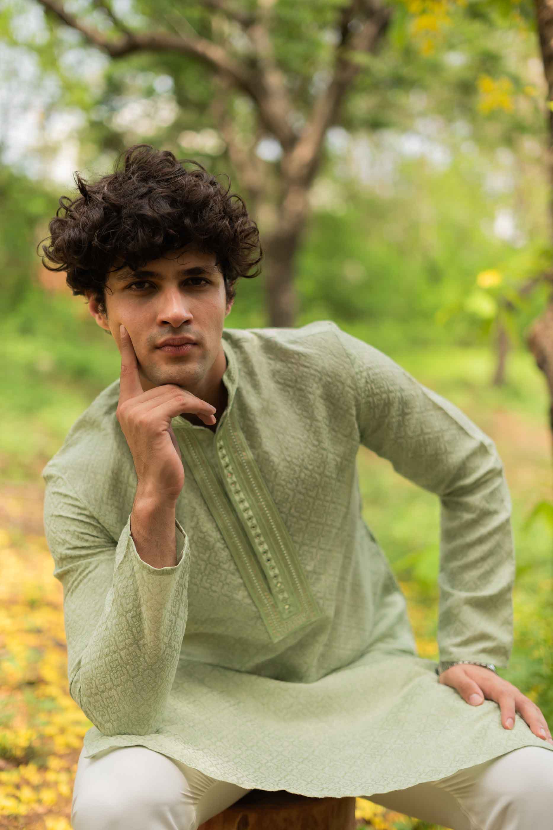 Light green Jacquard Kurta with Mirror work
