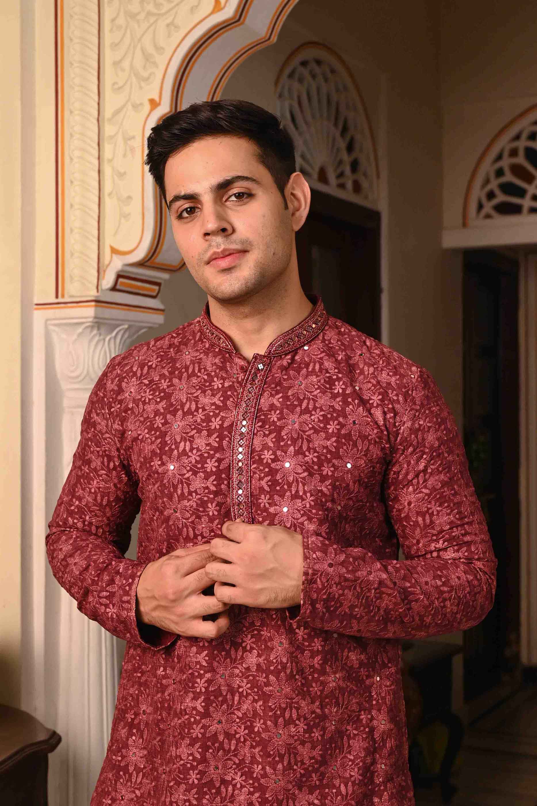 Chikankari Mirror Work Wine Kurta