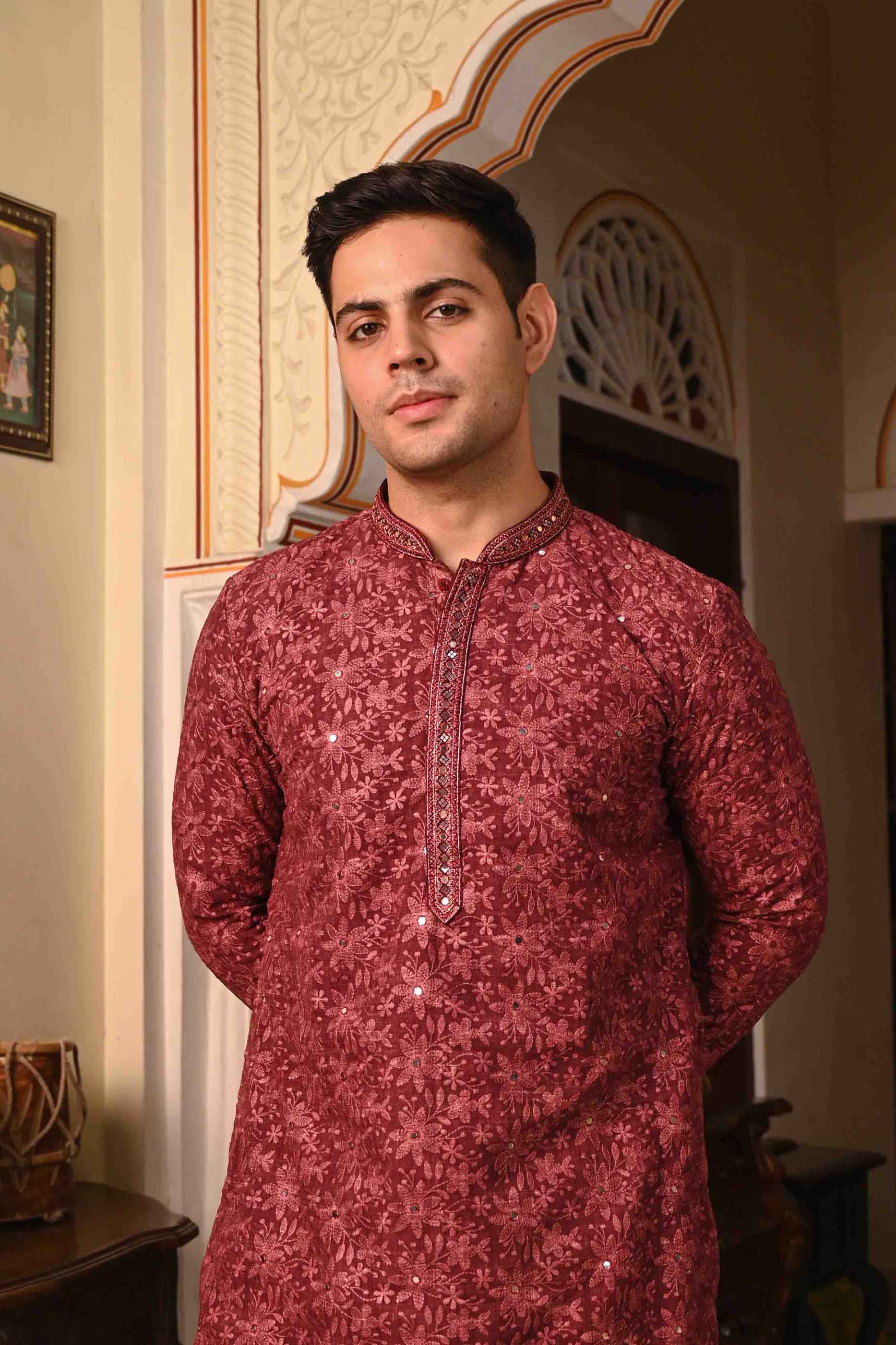 Chikankari Mirror Work Wine Kurta
