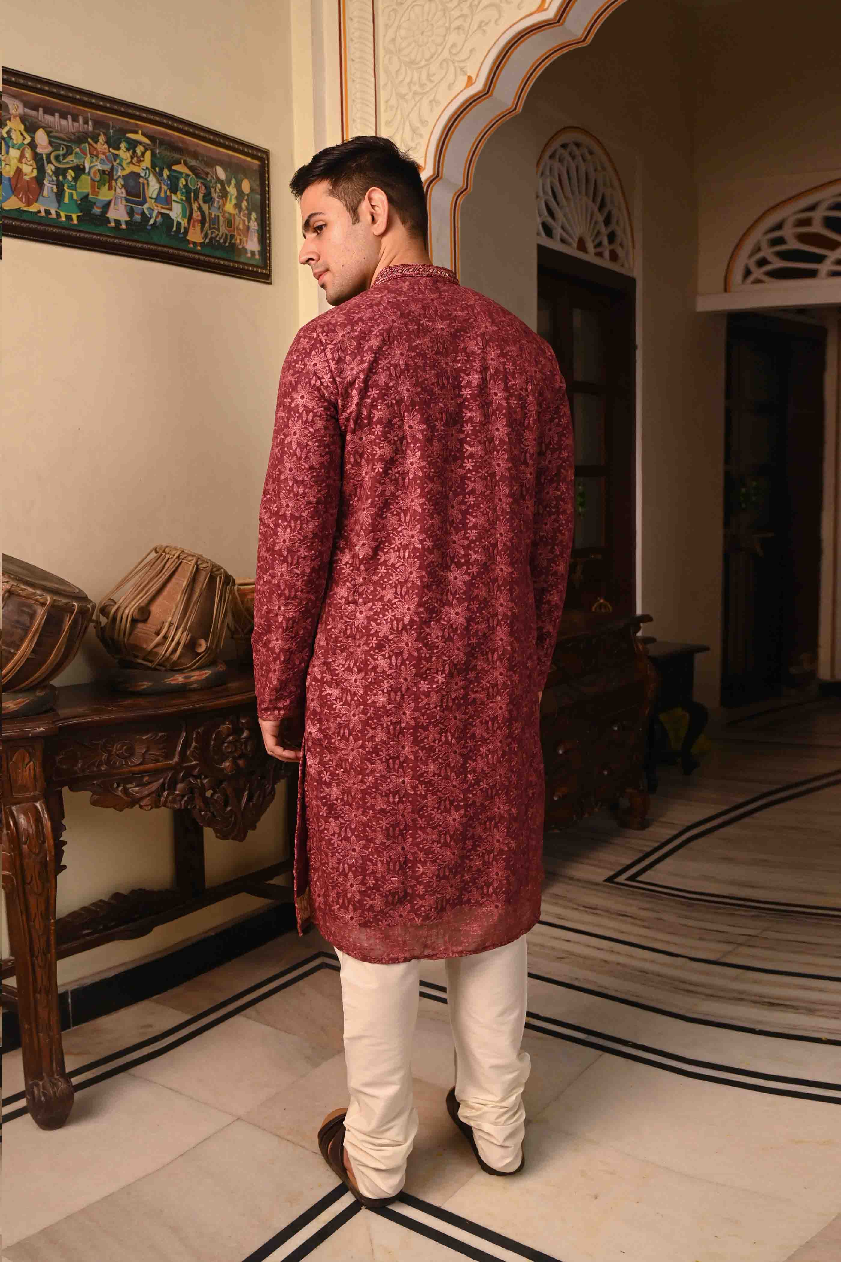 Chikankari Mirror Work Wine Kurta