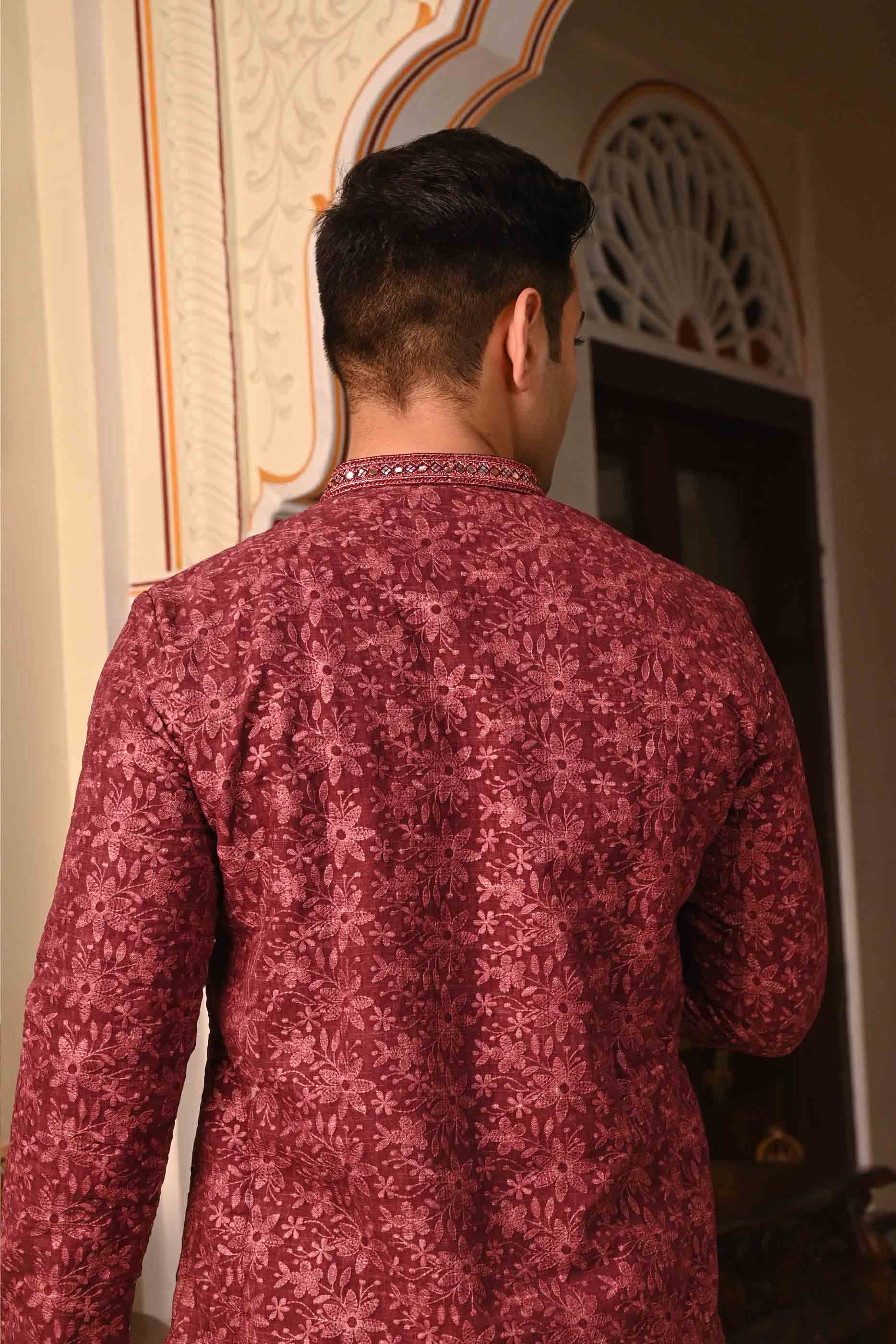 Chikankari Mirror Work Wine Kurta