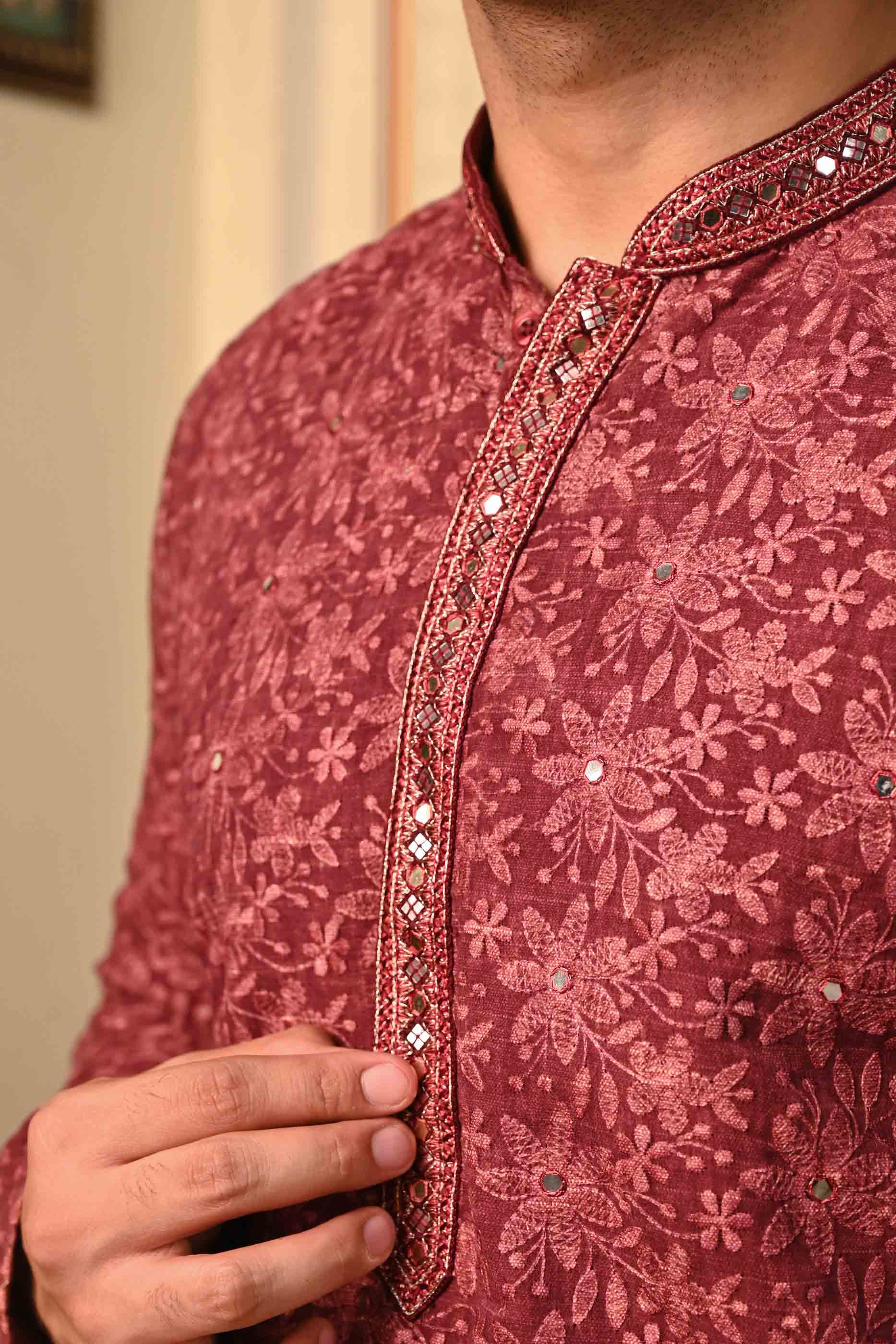 Chikankari Mirror Work Wine Kurta