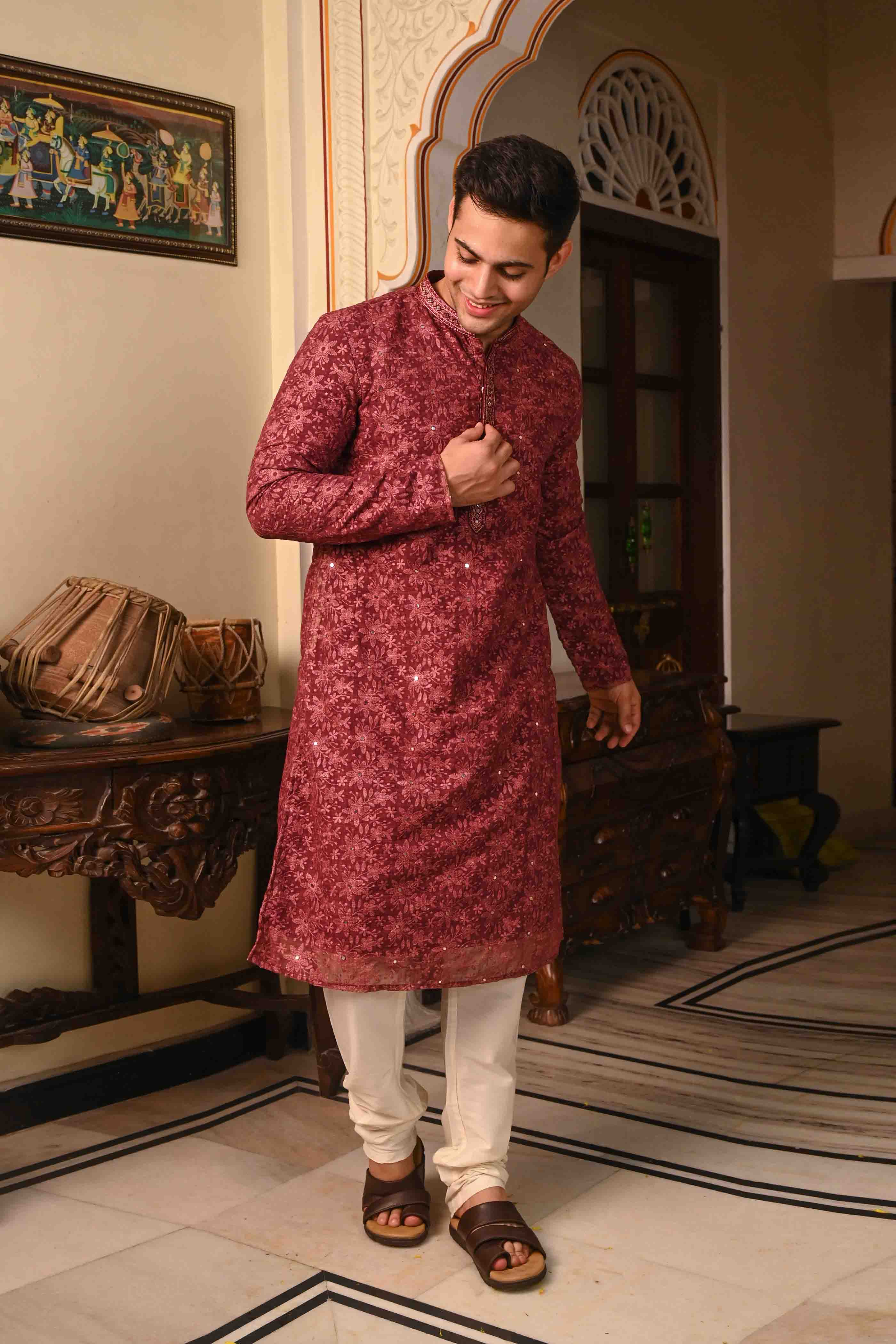 Chikankari Mirror Work Wine Kurta
