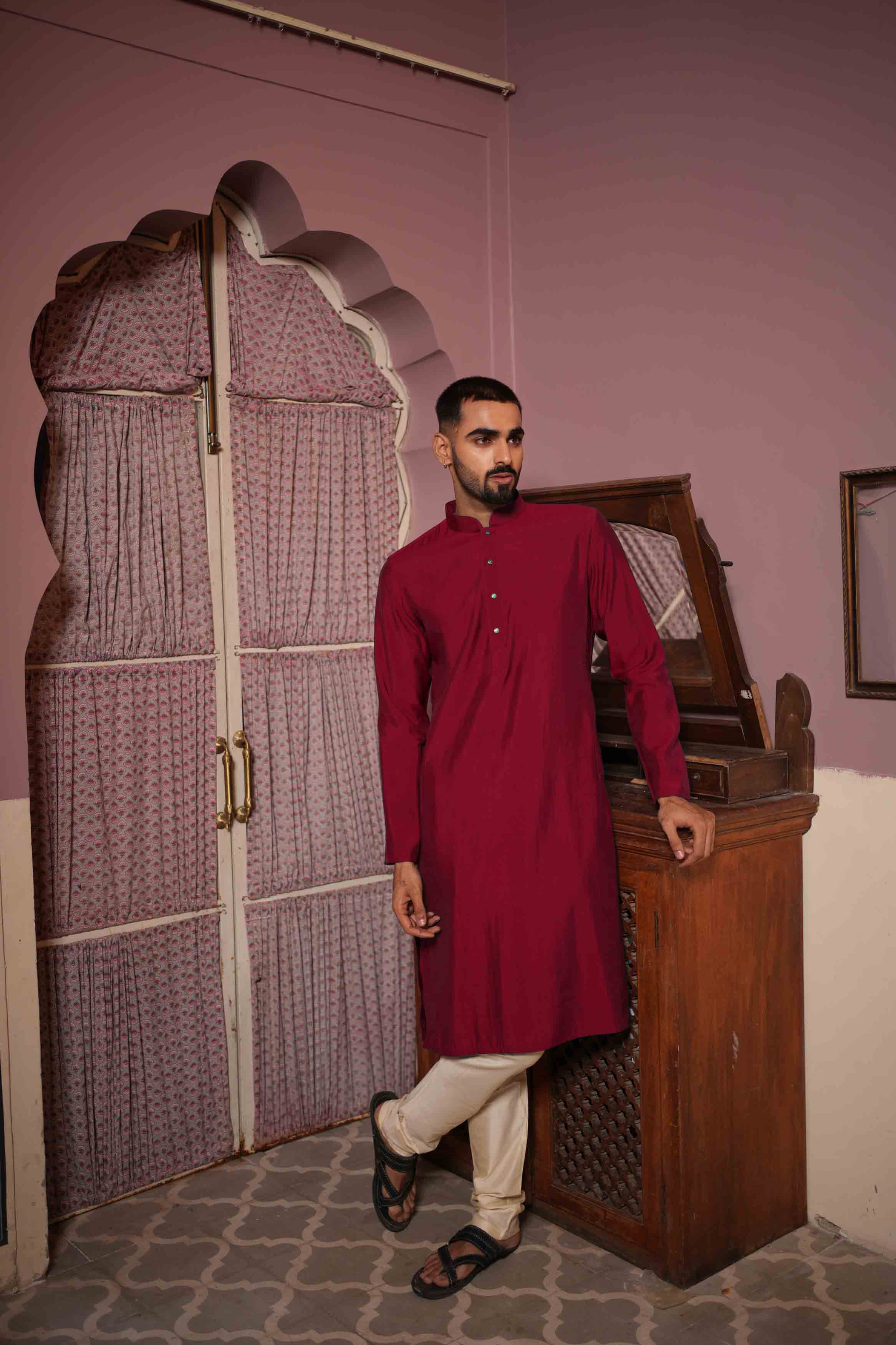 Maroon Viscose Plain Kurta
