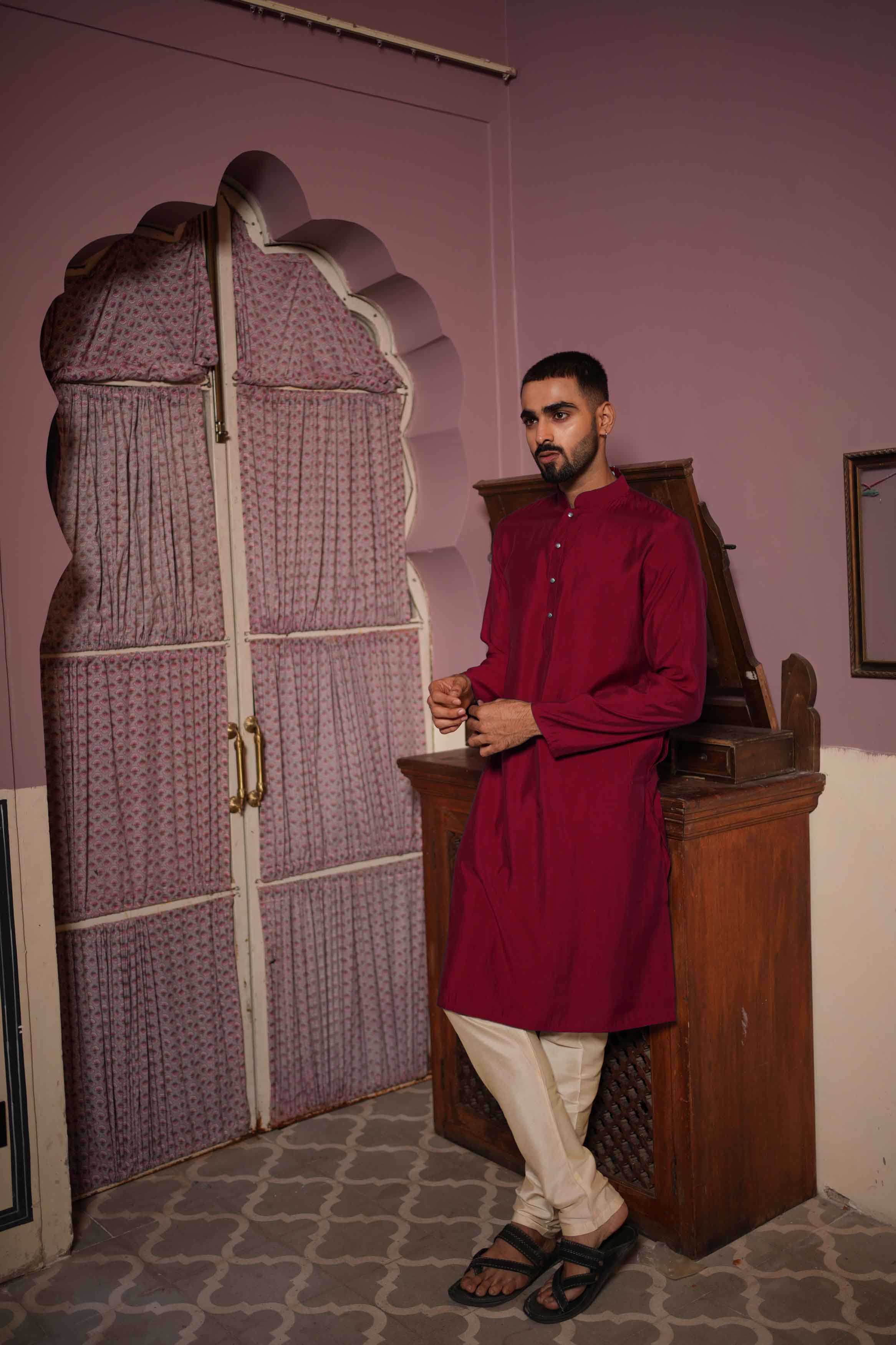 Maroon Viscose Plain Kurta
