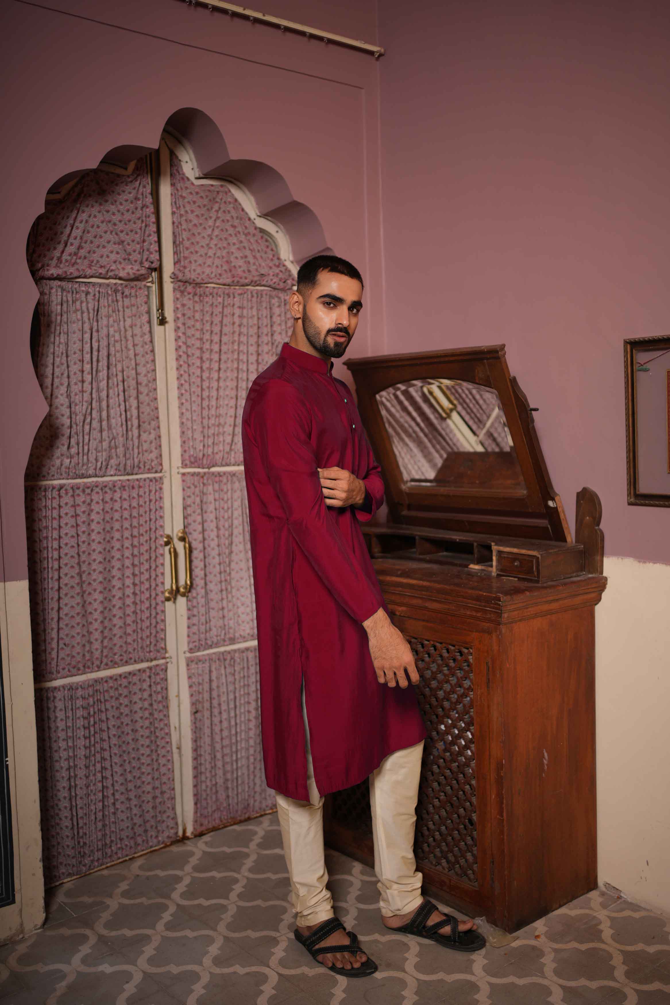 Maroon Viscose Plain Kurta