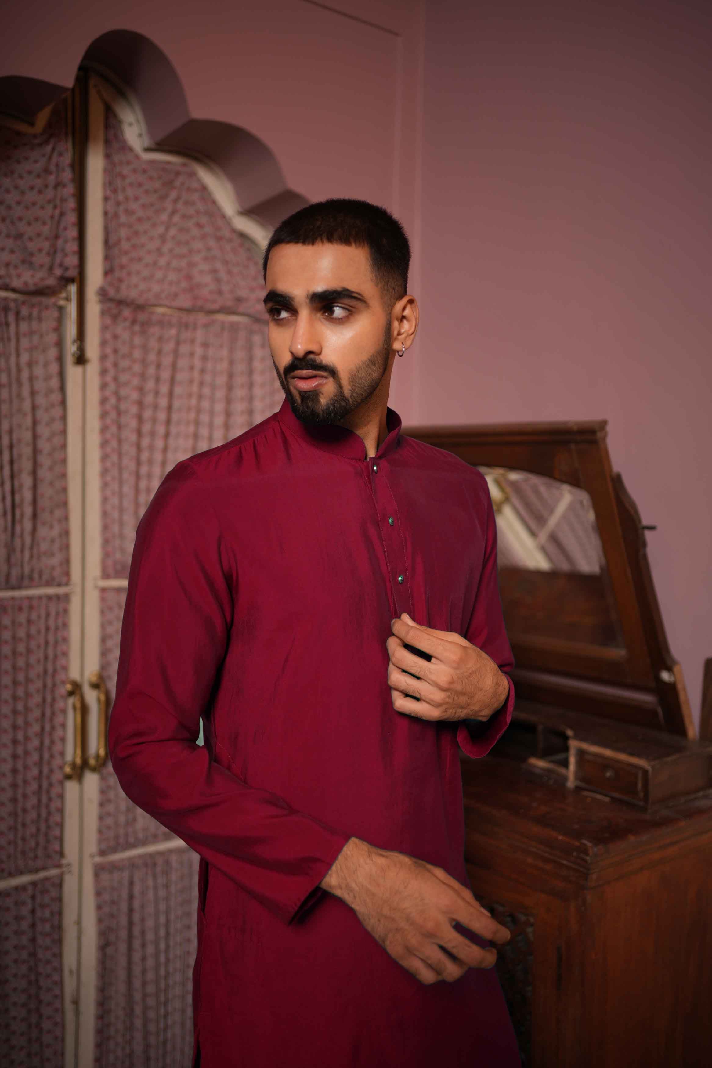 Maroon Viscose Plain Kurta