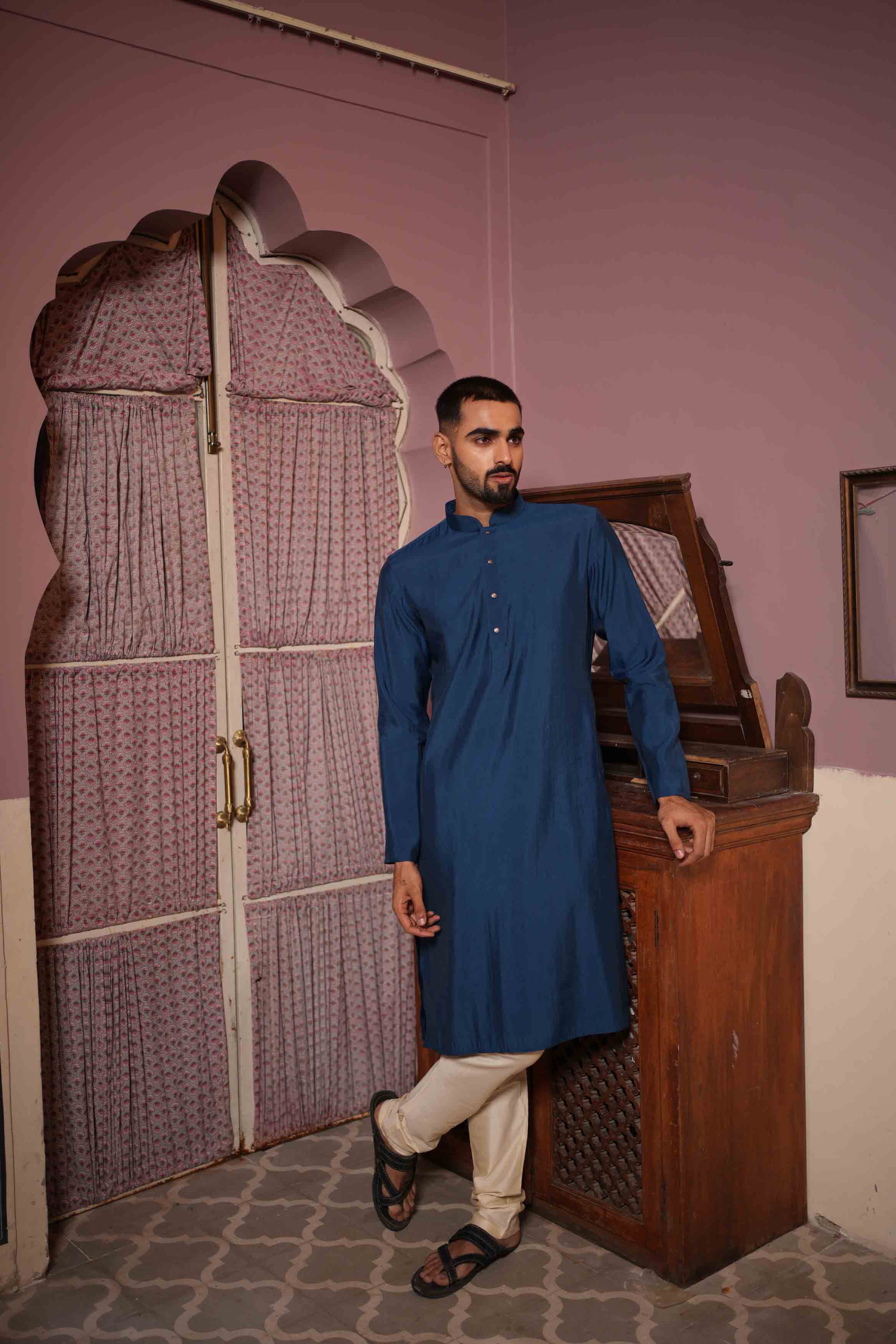 Navy Blue Viscose Plain Kurta
