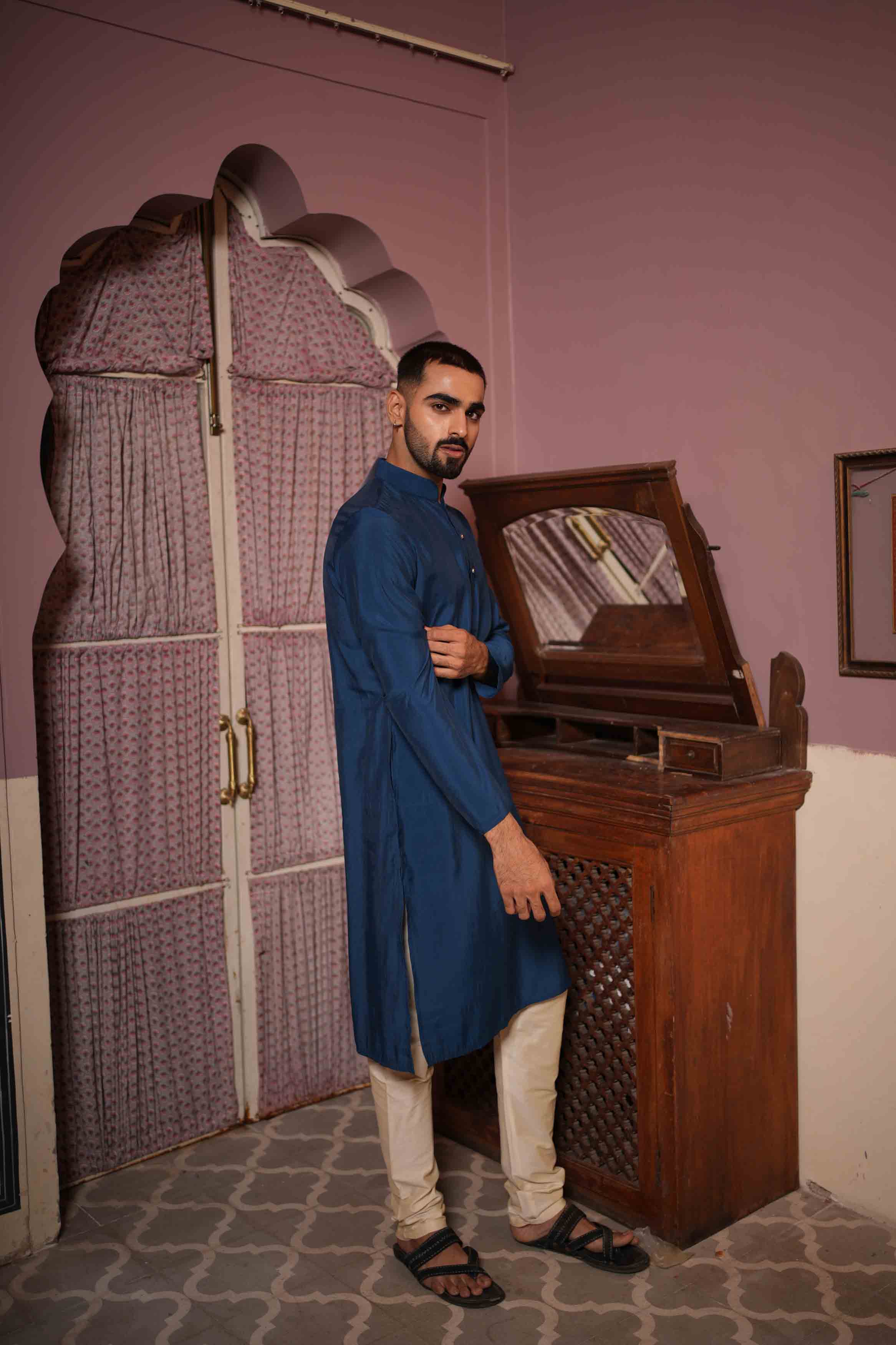 Navy Blue Viscose Plain Kurta