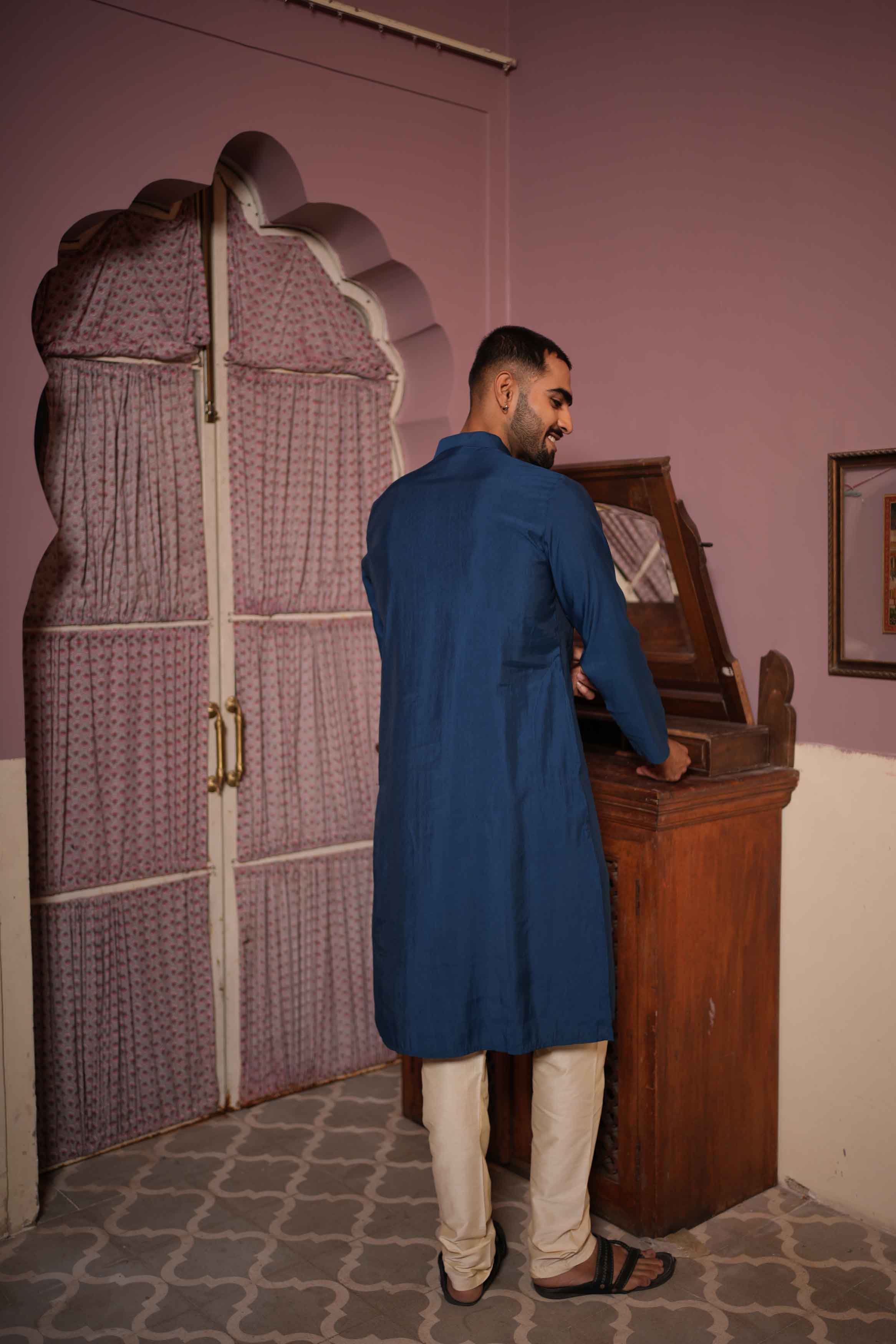 Navy Blue Viscose Plain Kurta