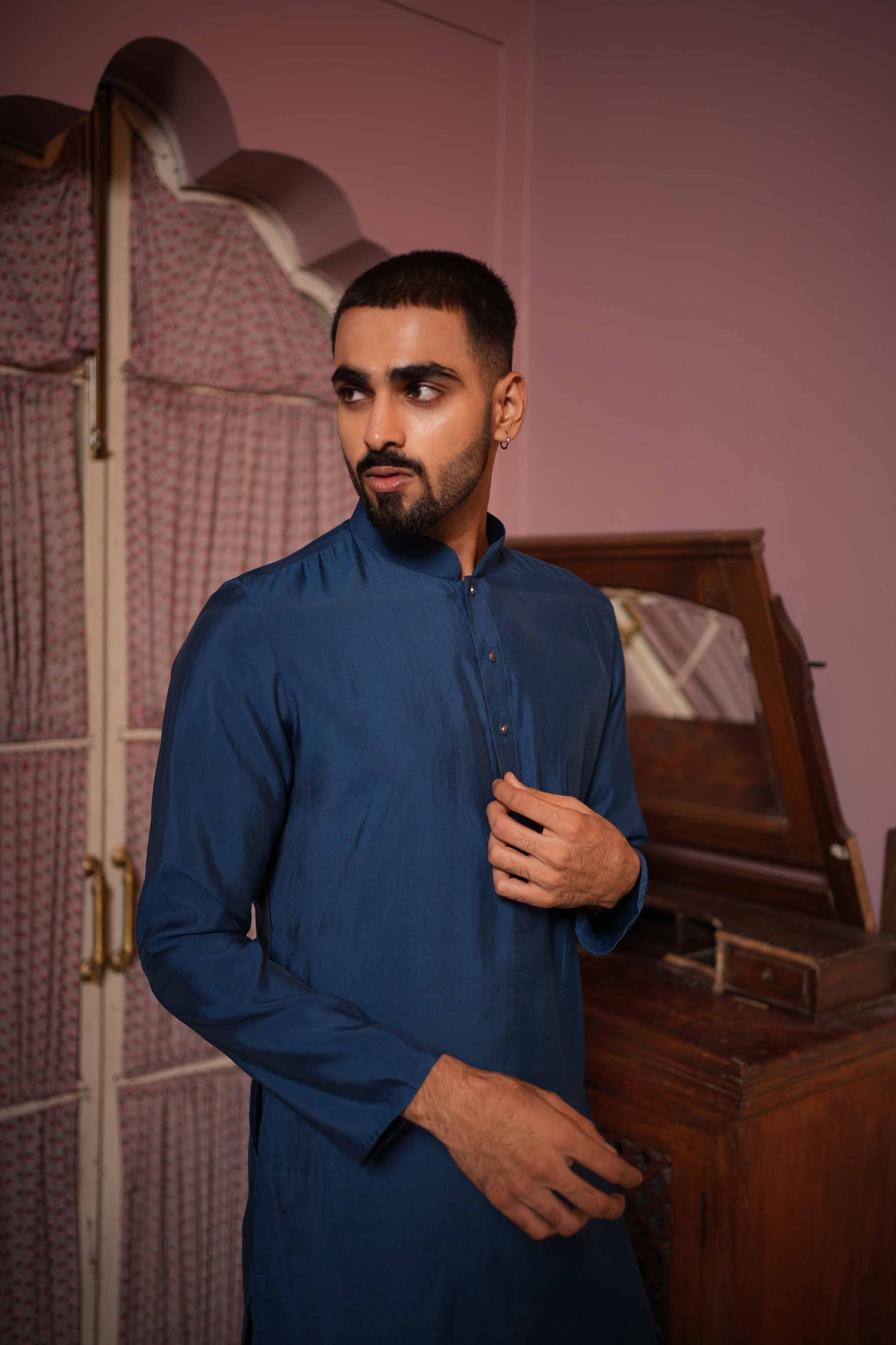 Navy Blue Viscose Plain Kurta