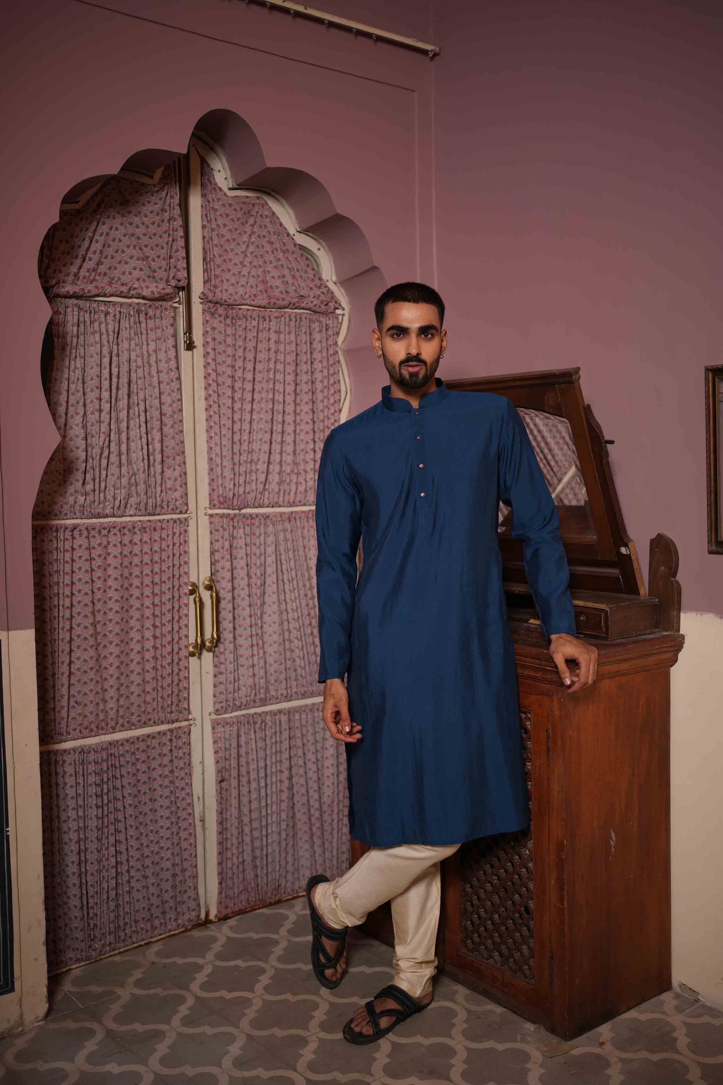 Navy Blue Viscose Plain Kurta