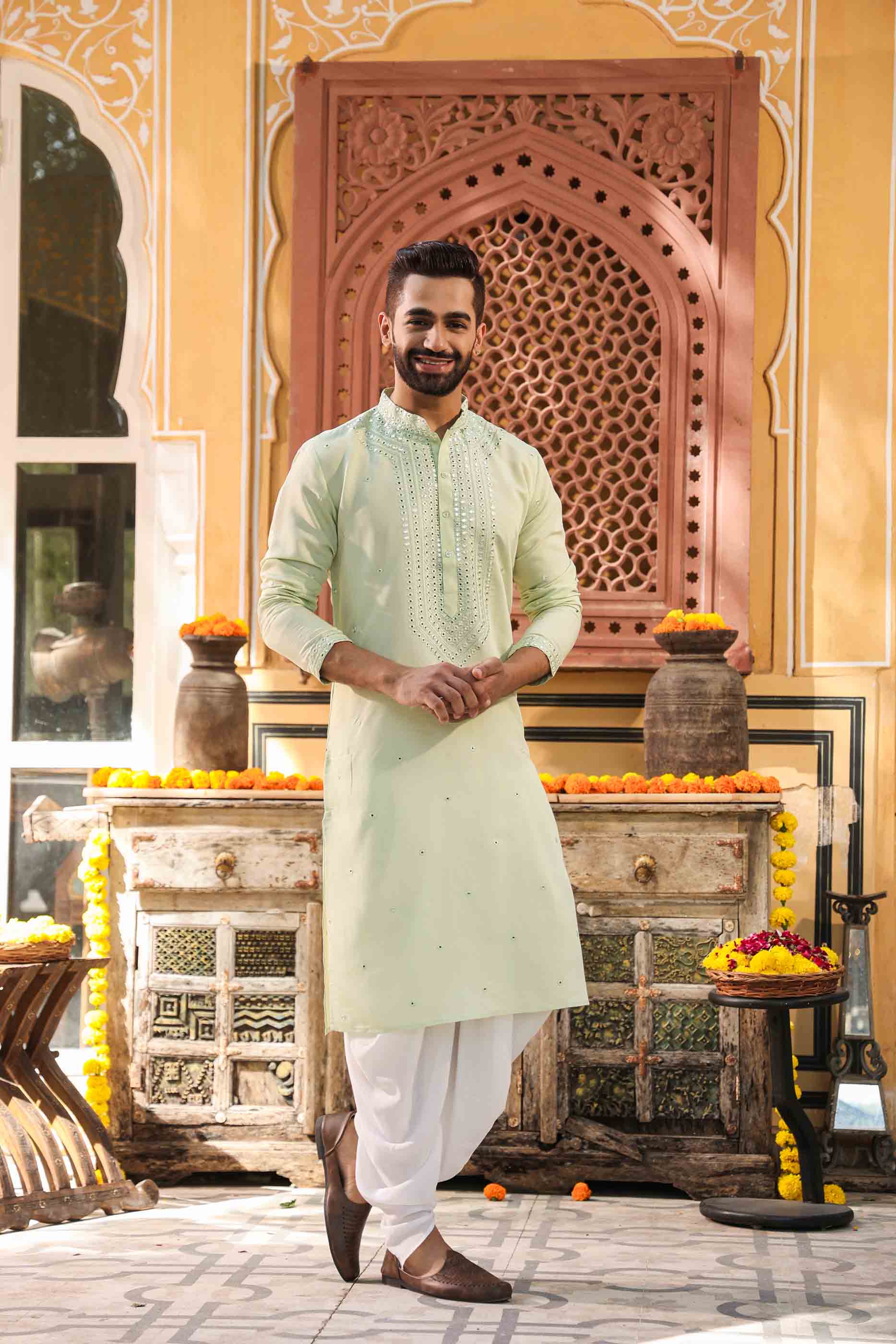 Green Mirror work Kurta