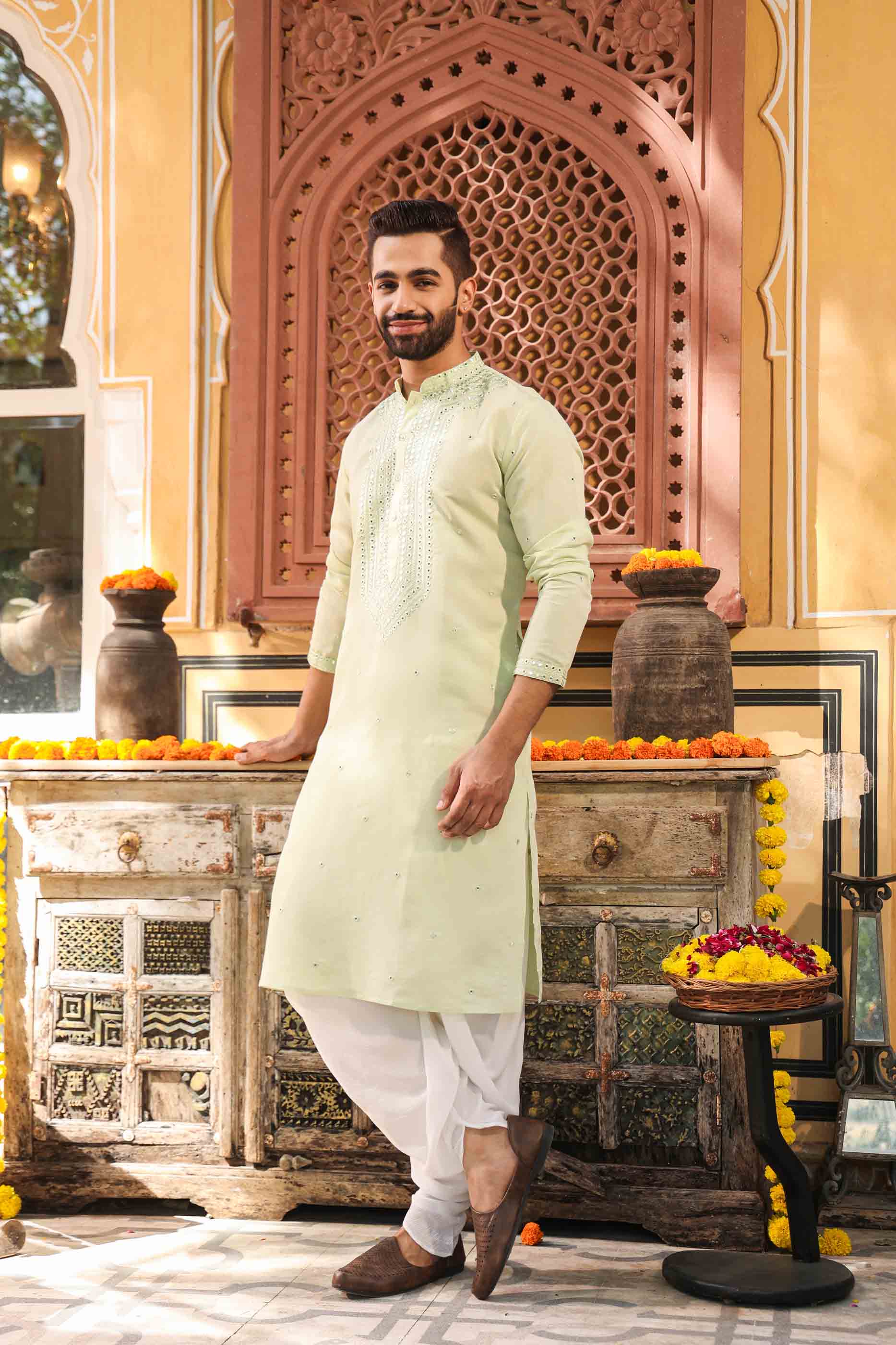 Green Mirror work Kurta