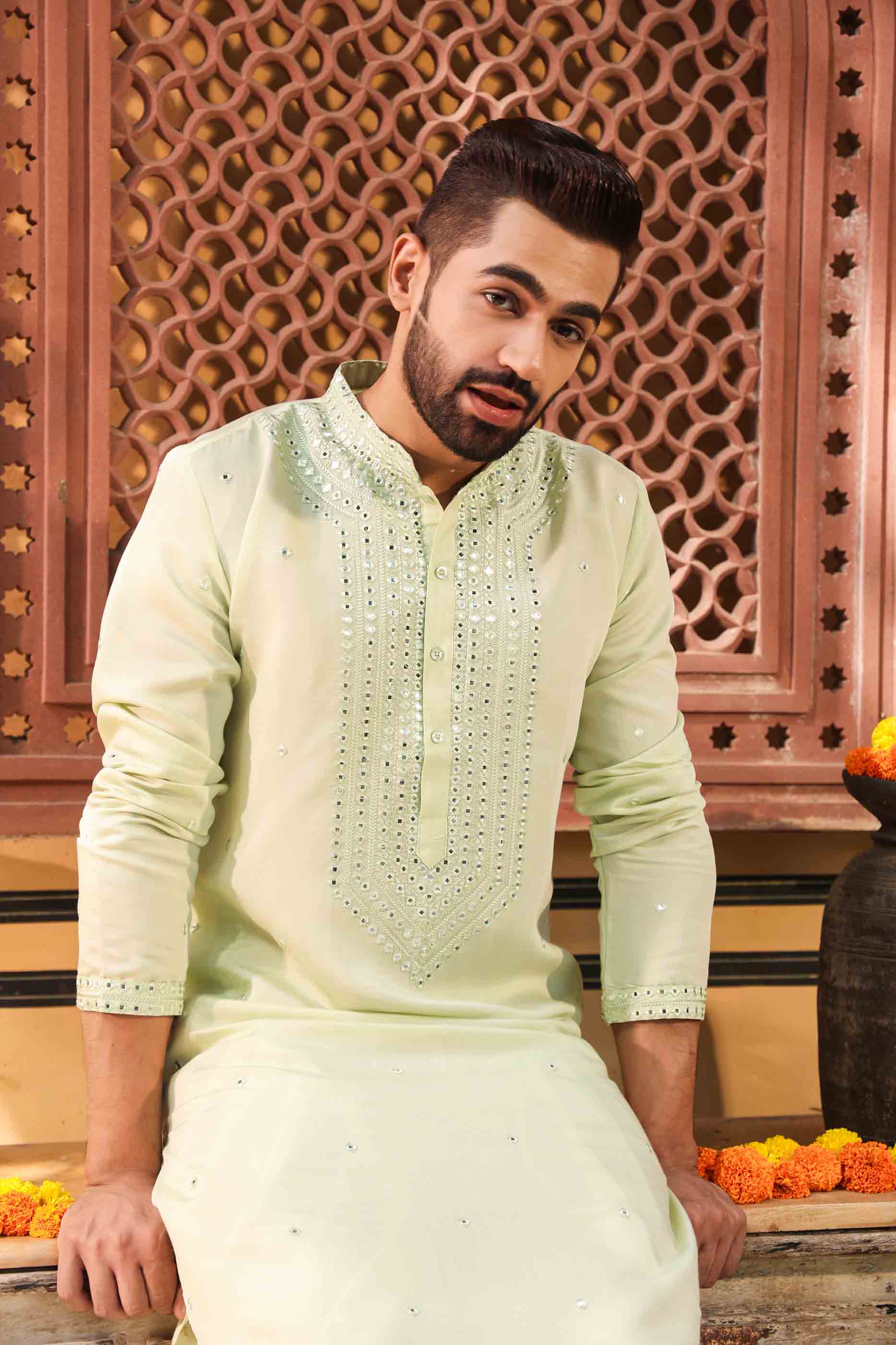 Green Mirror work Kurta