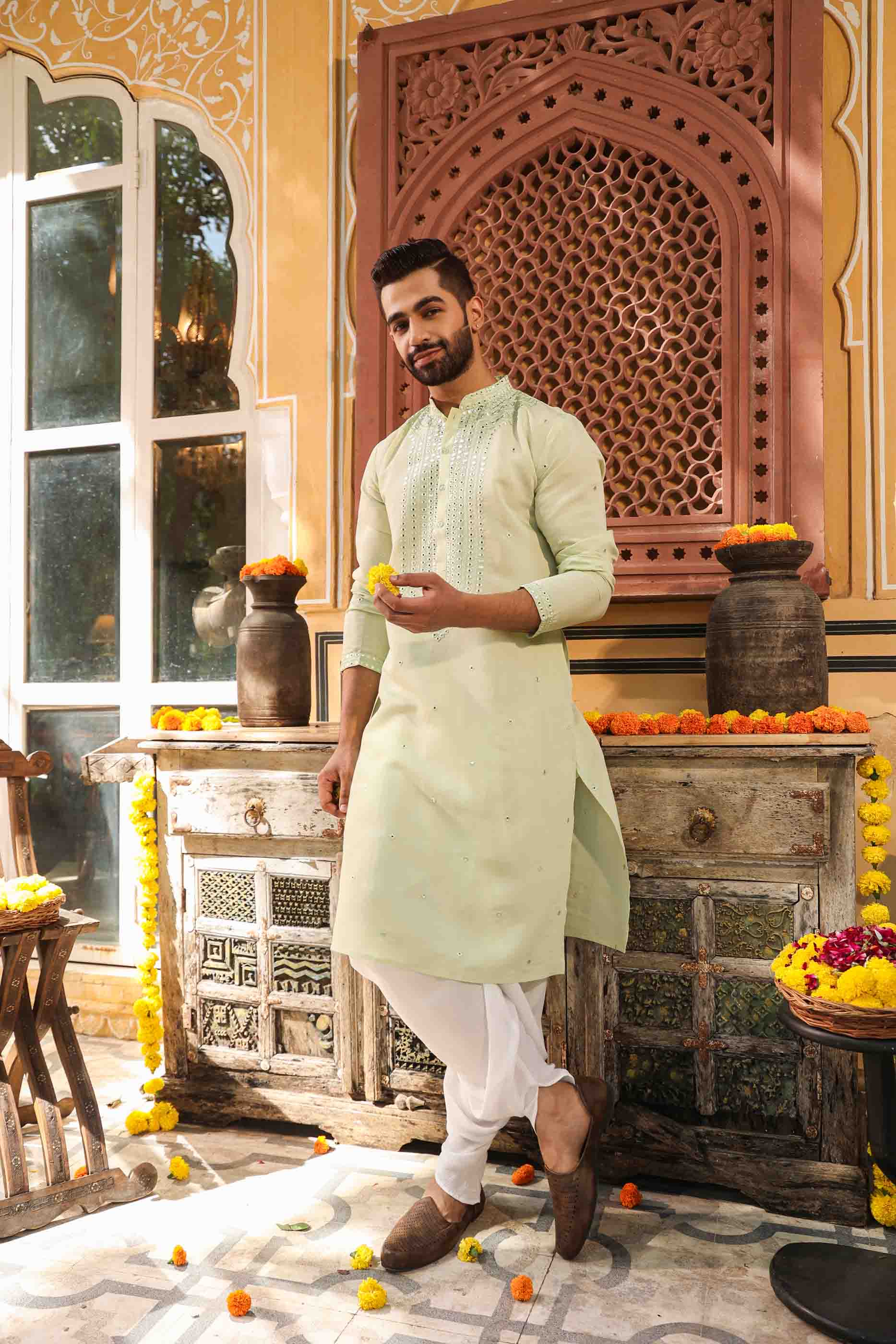 Green Mirror work Kurta