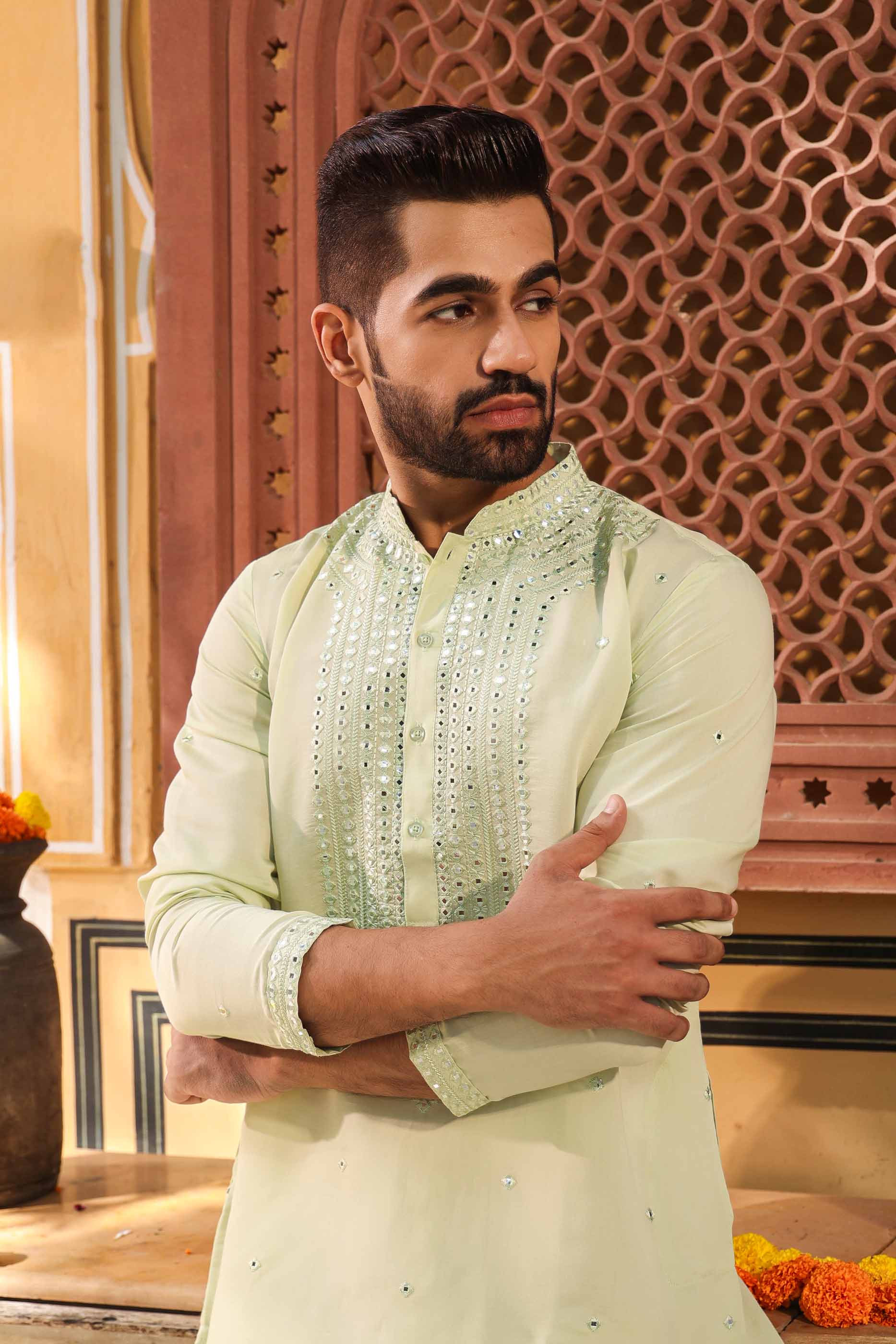 Green Mirror work Kurta