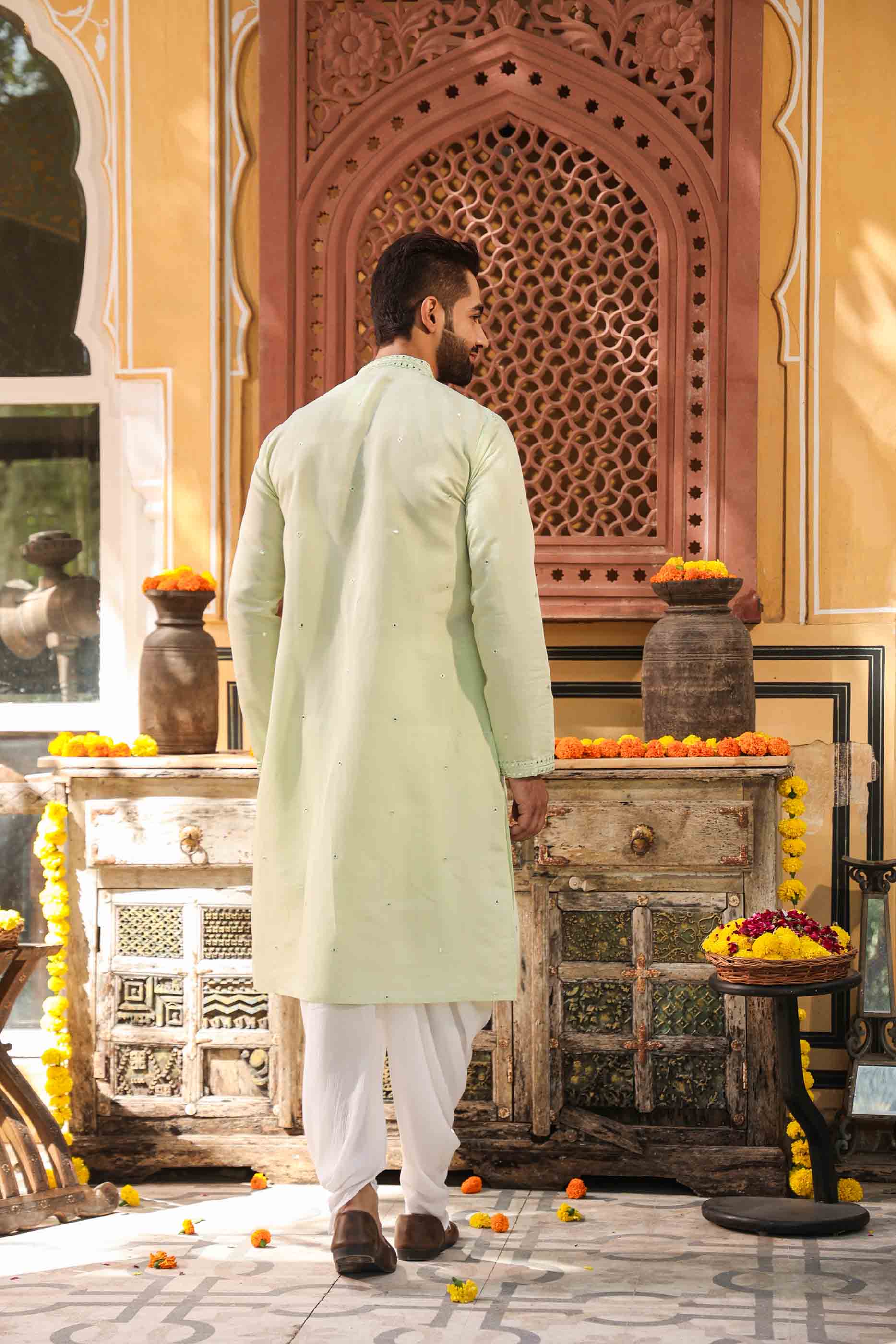 Green Mirror work Kurta