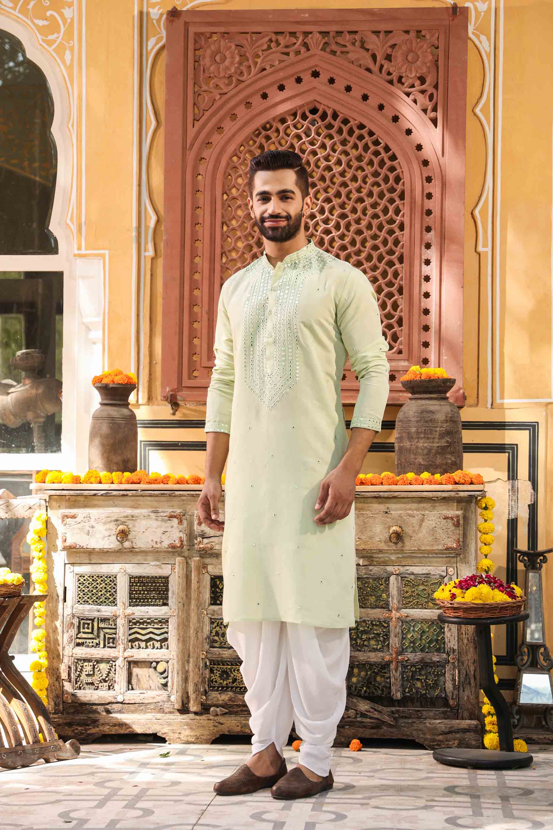 Green Mirror work Kurta