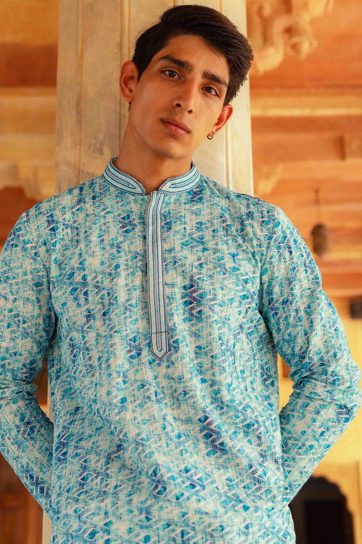 Blue Chikanakri Printed Kurta with Handwork Collar