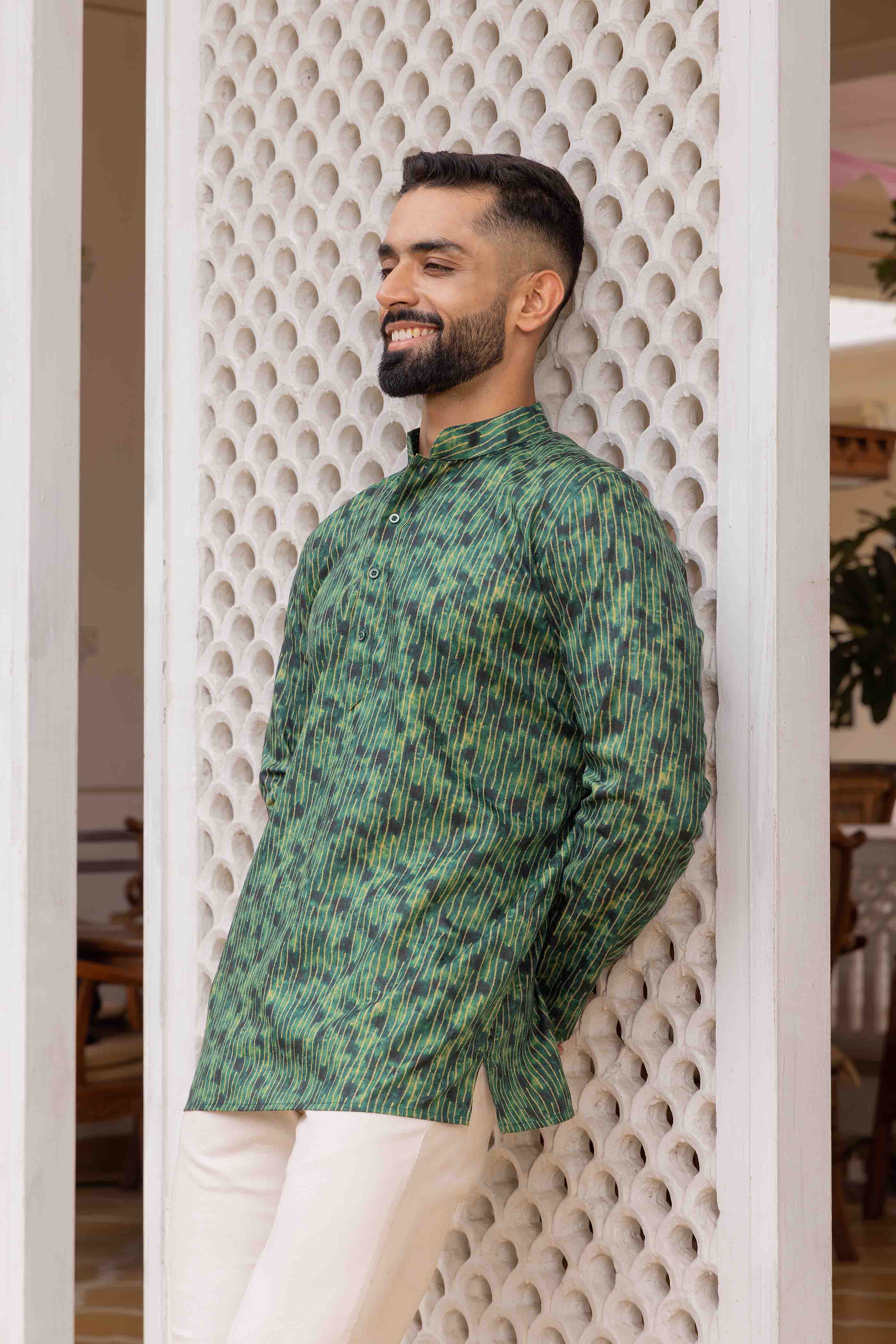 Bottle Green Printed Short Kurta