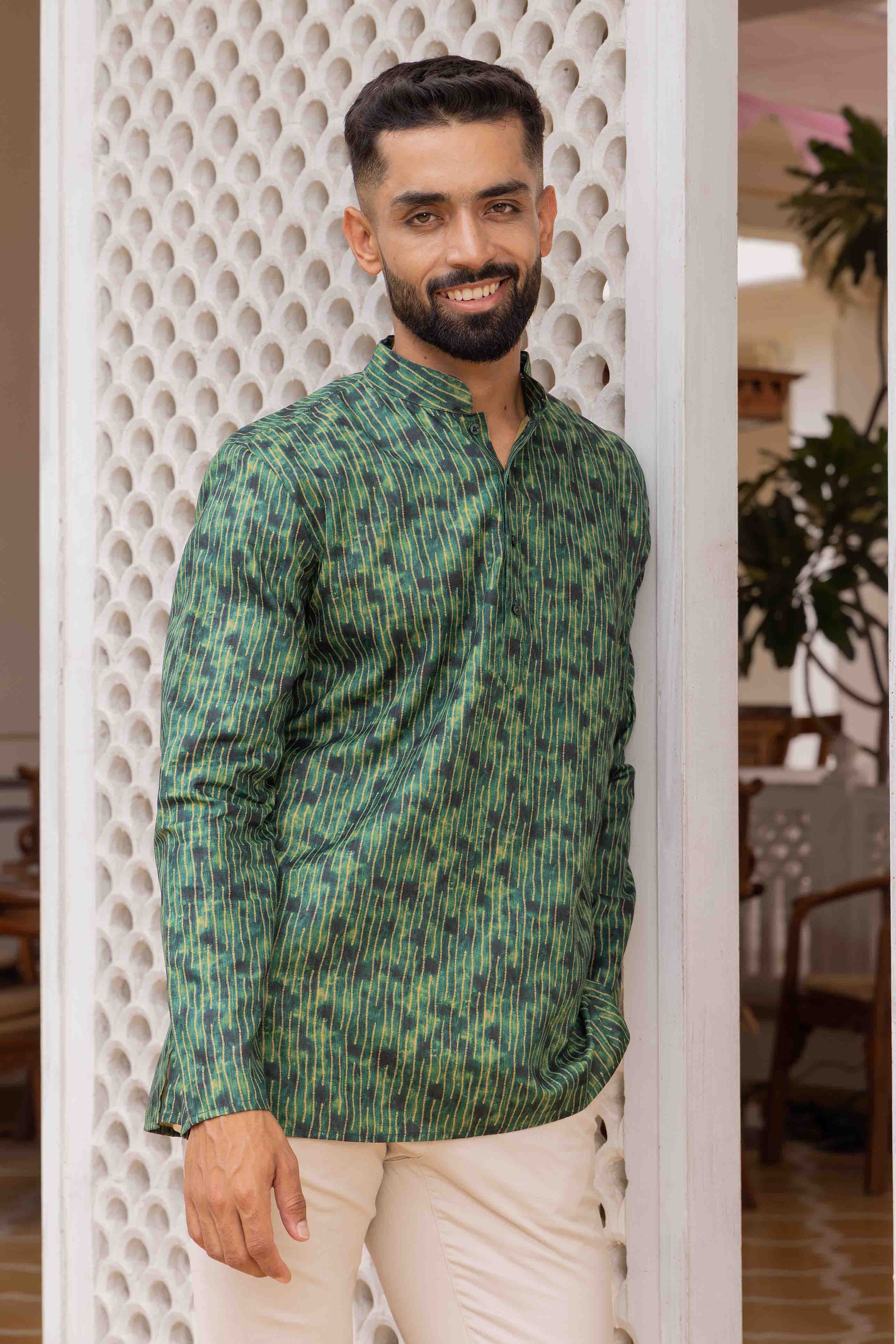 Bottle Green Printed Short Kurta