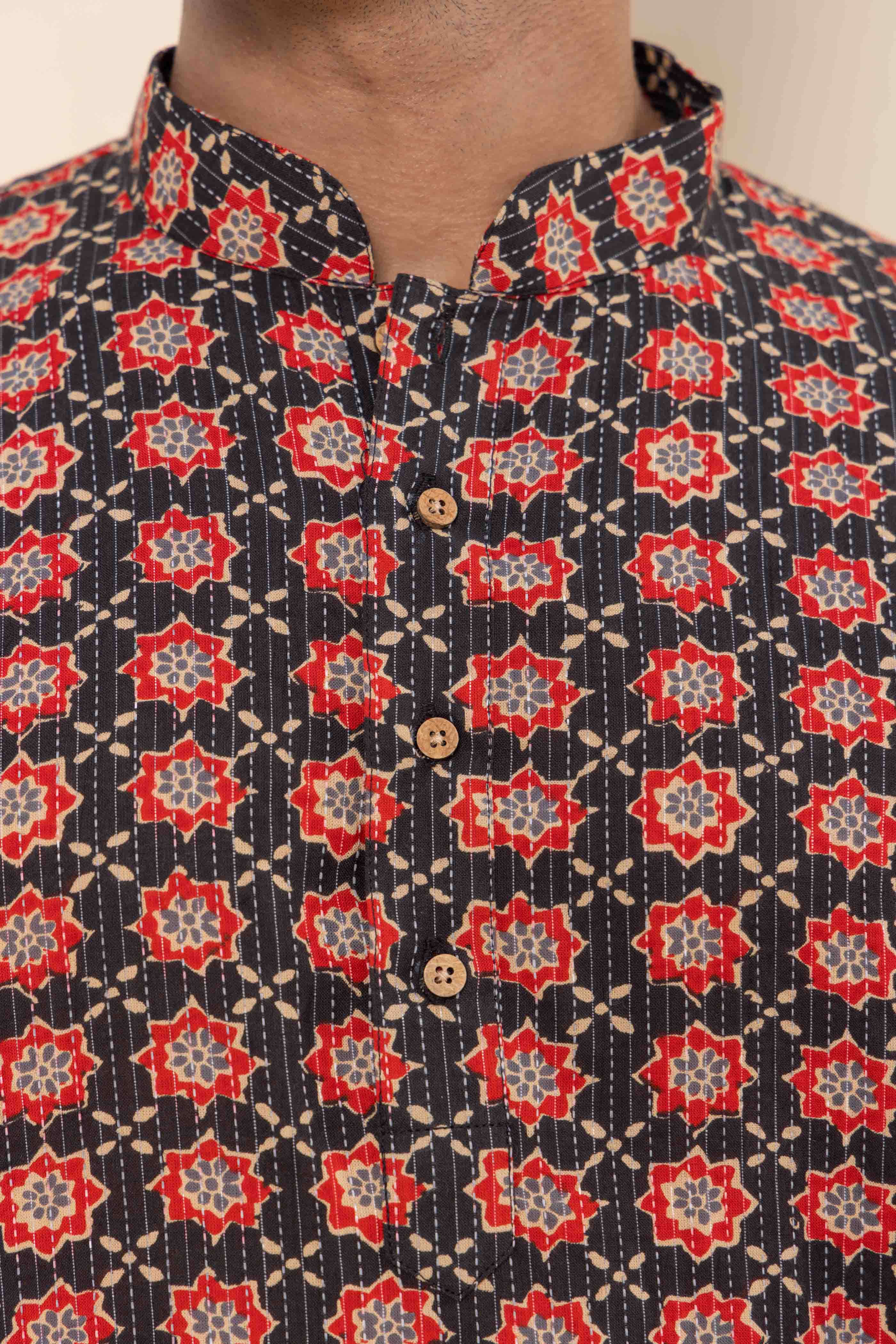 Black Block Print Cotton Short Kurta