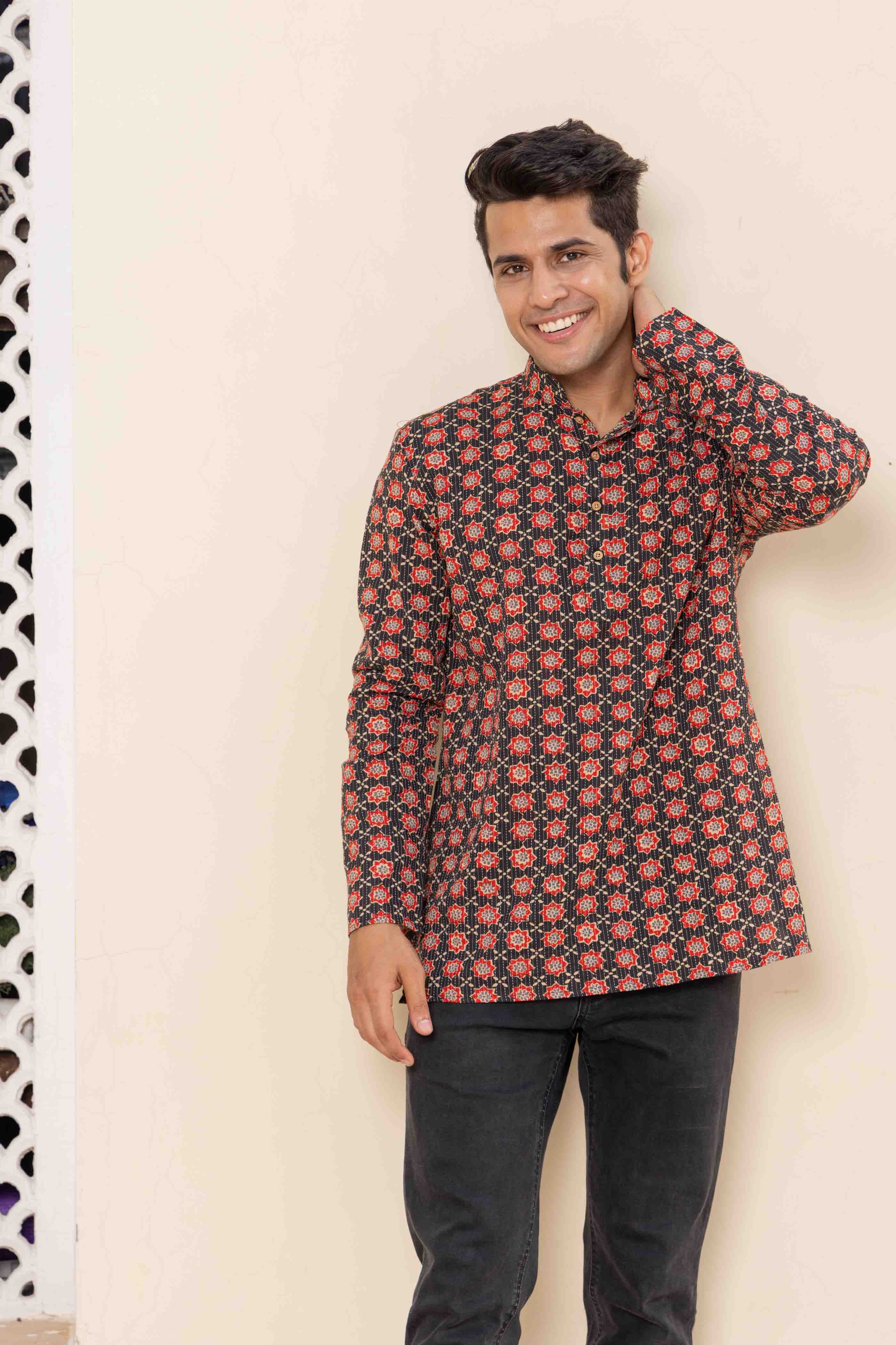 Black Block Print Cotton Short Kurta