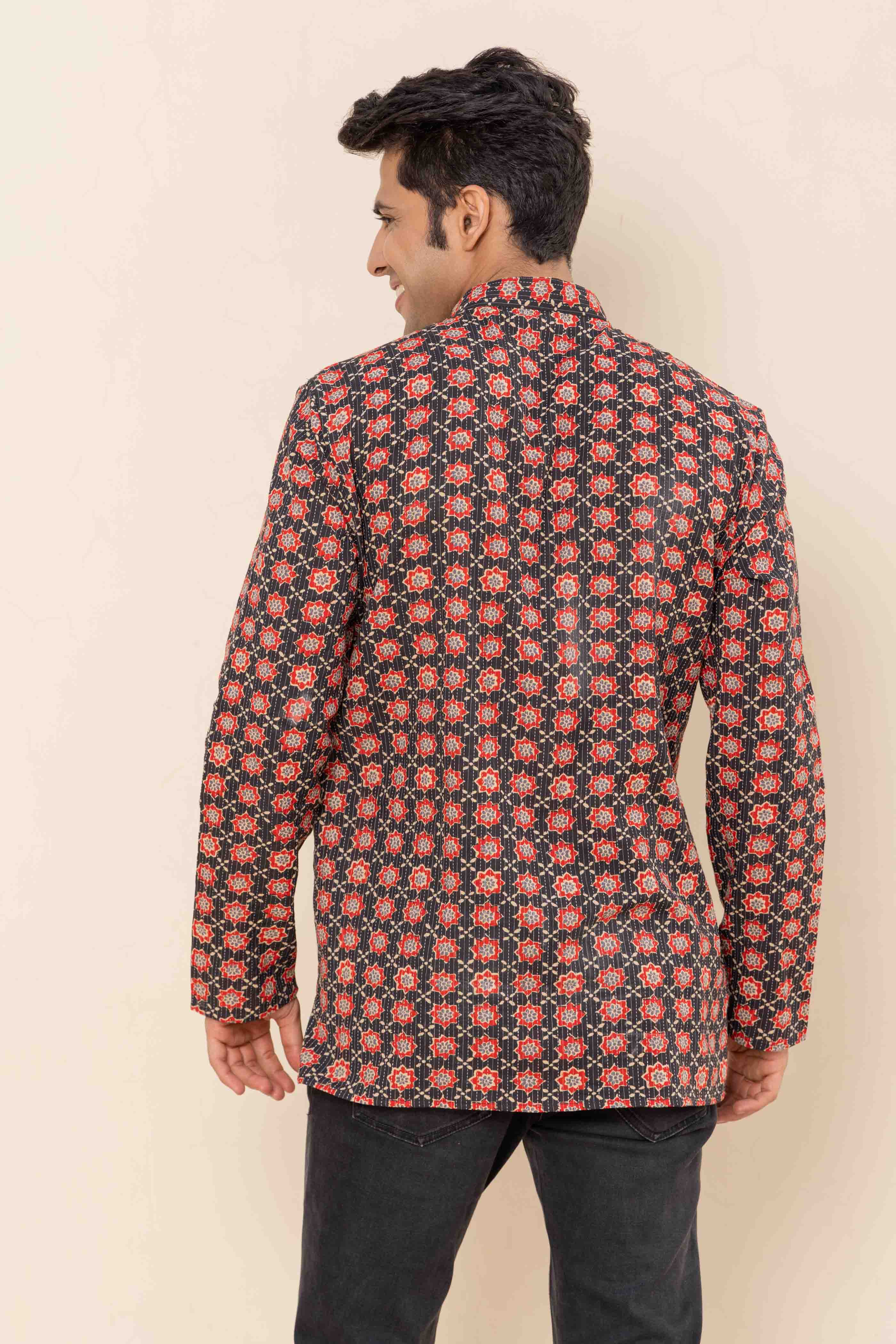 Black Block Print Cotton Short Kurta