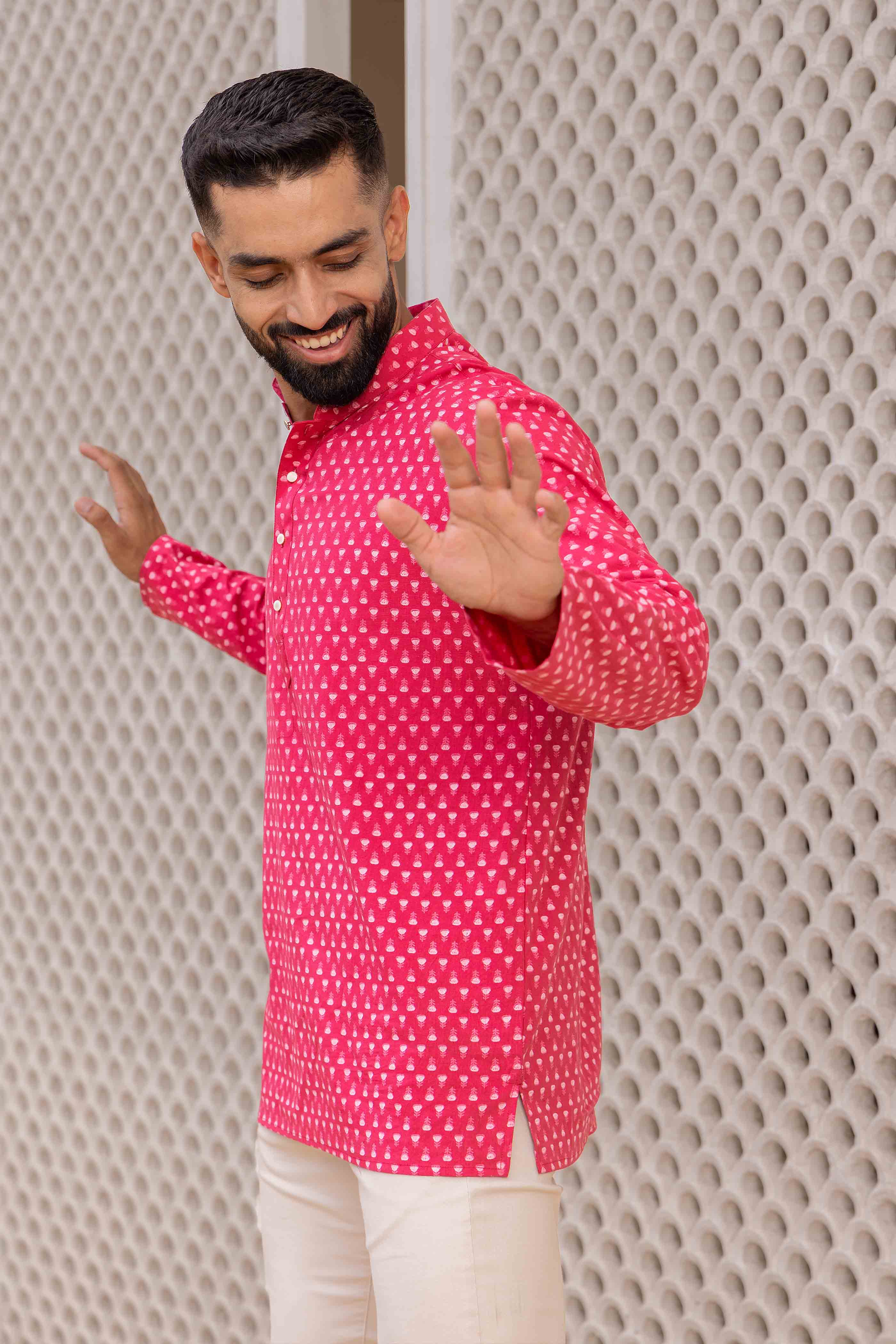 Pink Block Print Cotton Short Kurta