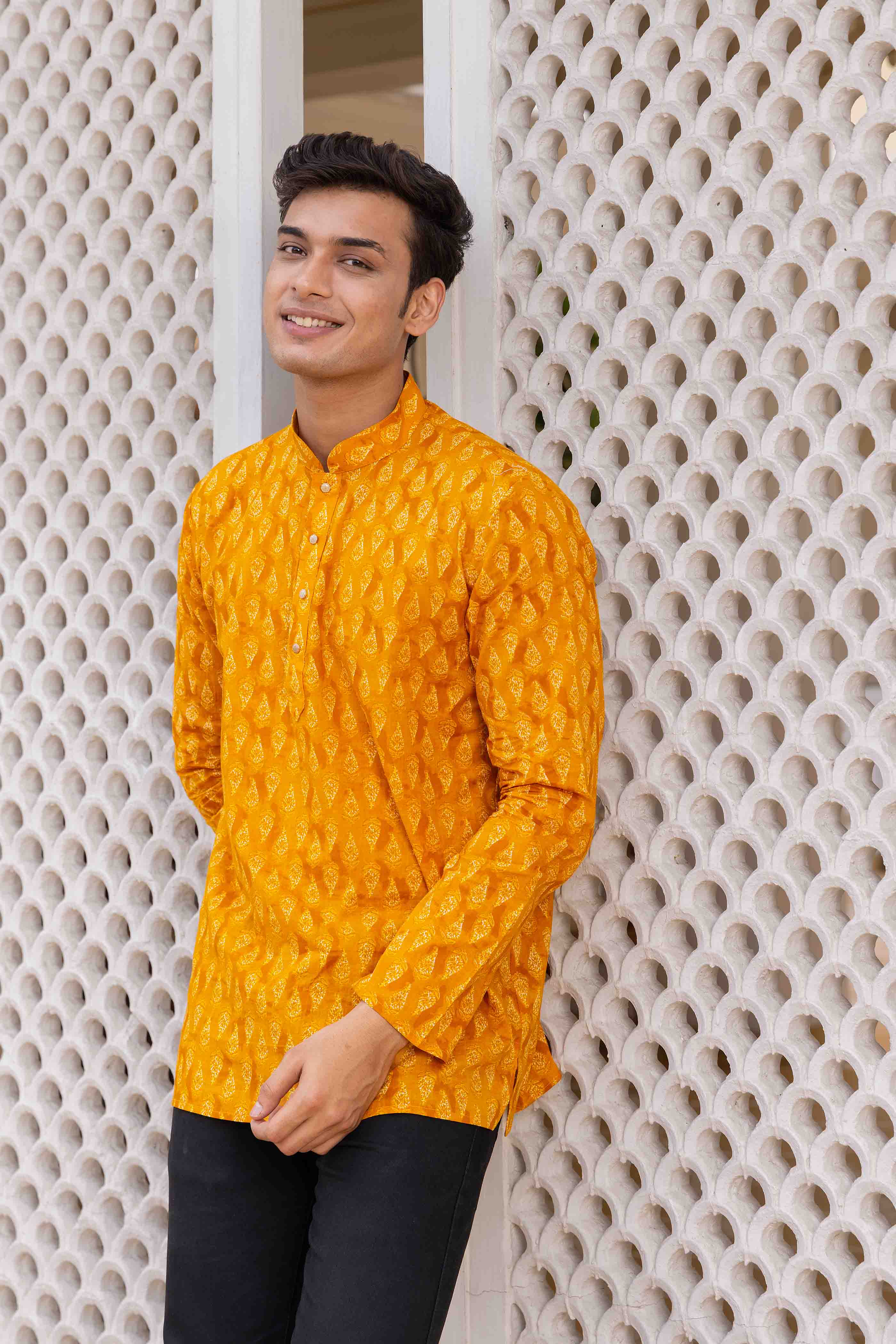 Yellow Motif Printed Cotton Short Kurta