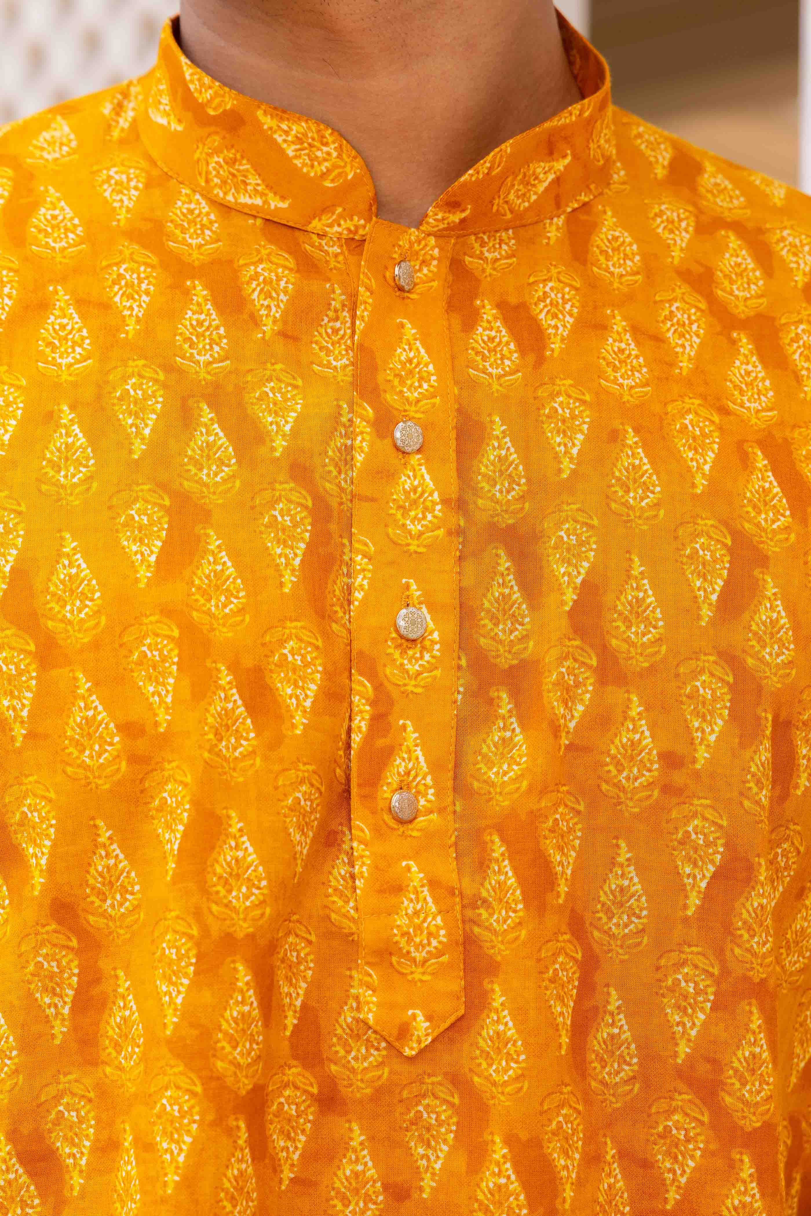 Yellow Motif Printed Cotton Short Kurta