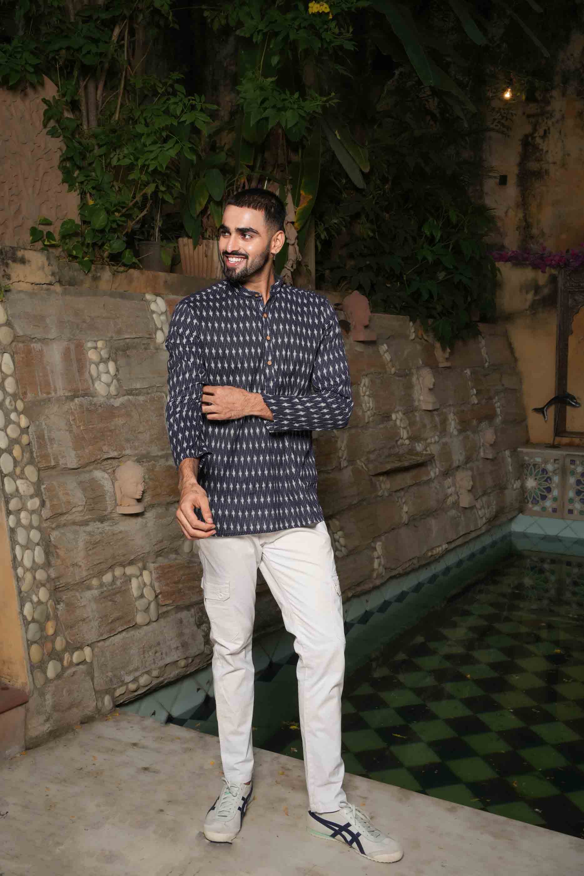 Navy Blue Ikat Printed Short Kurta