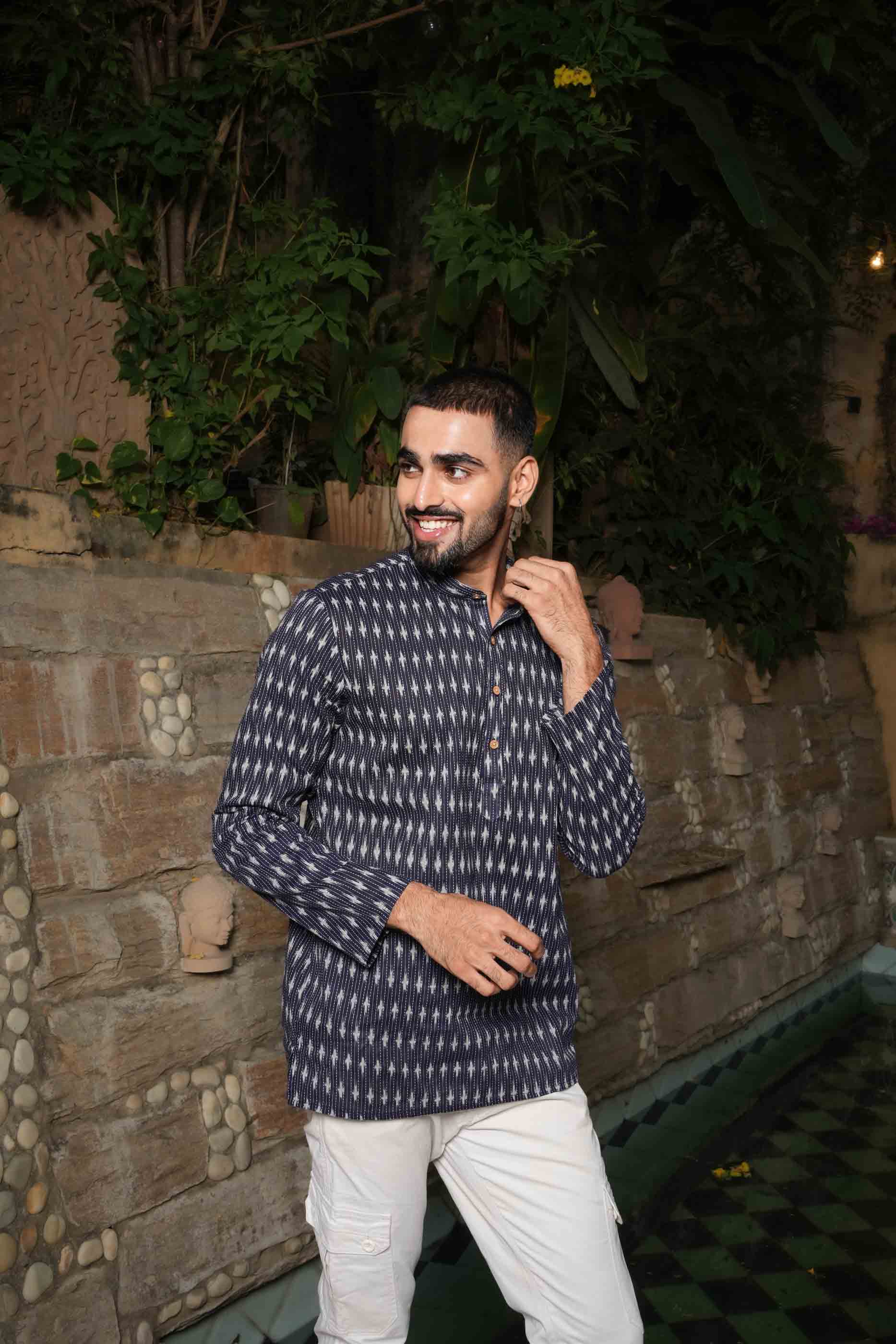 Navy Blue Ikat Printed Short Kurta