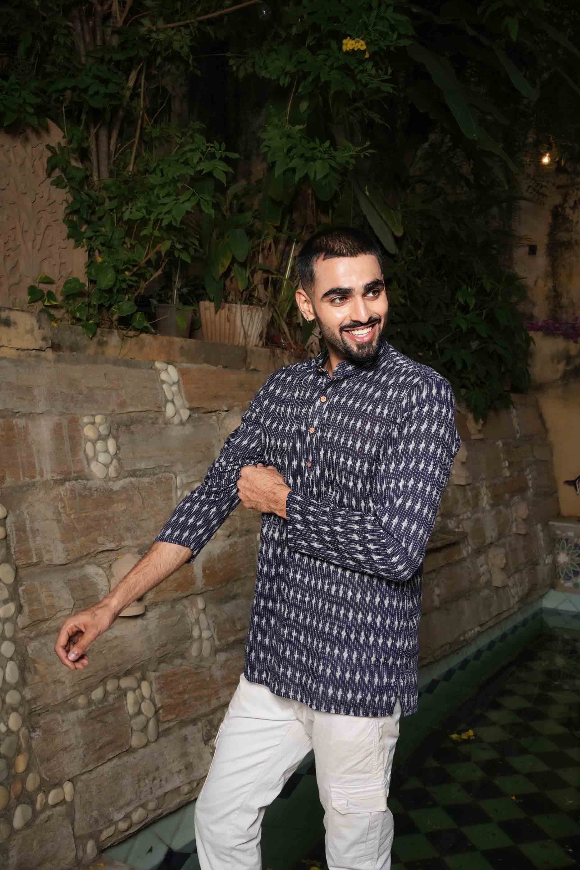 Navy Blue Ikat Printed Short Kurta