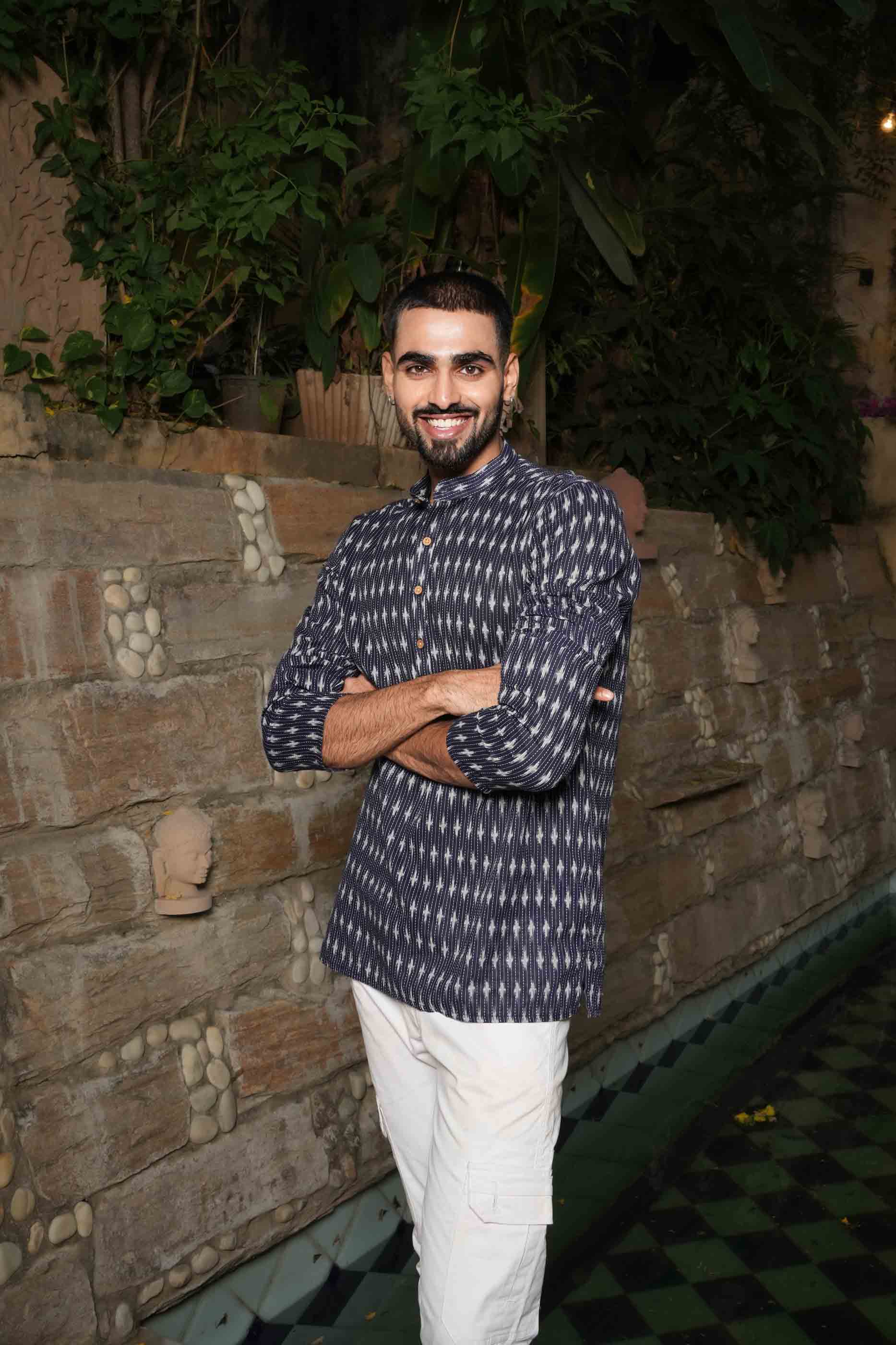 Navy Blue Ikat Printed Short Kurta