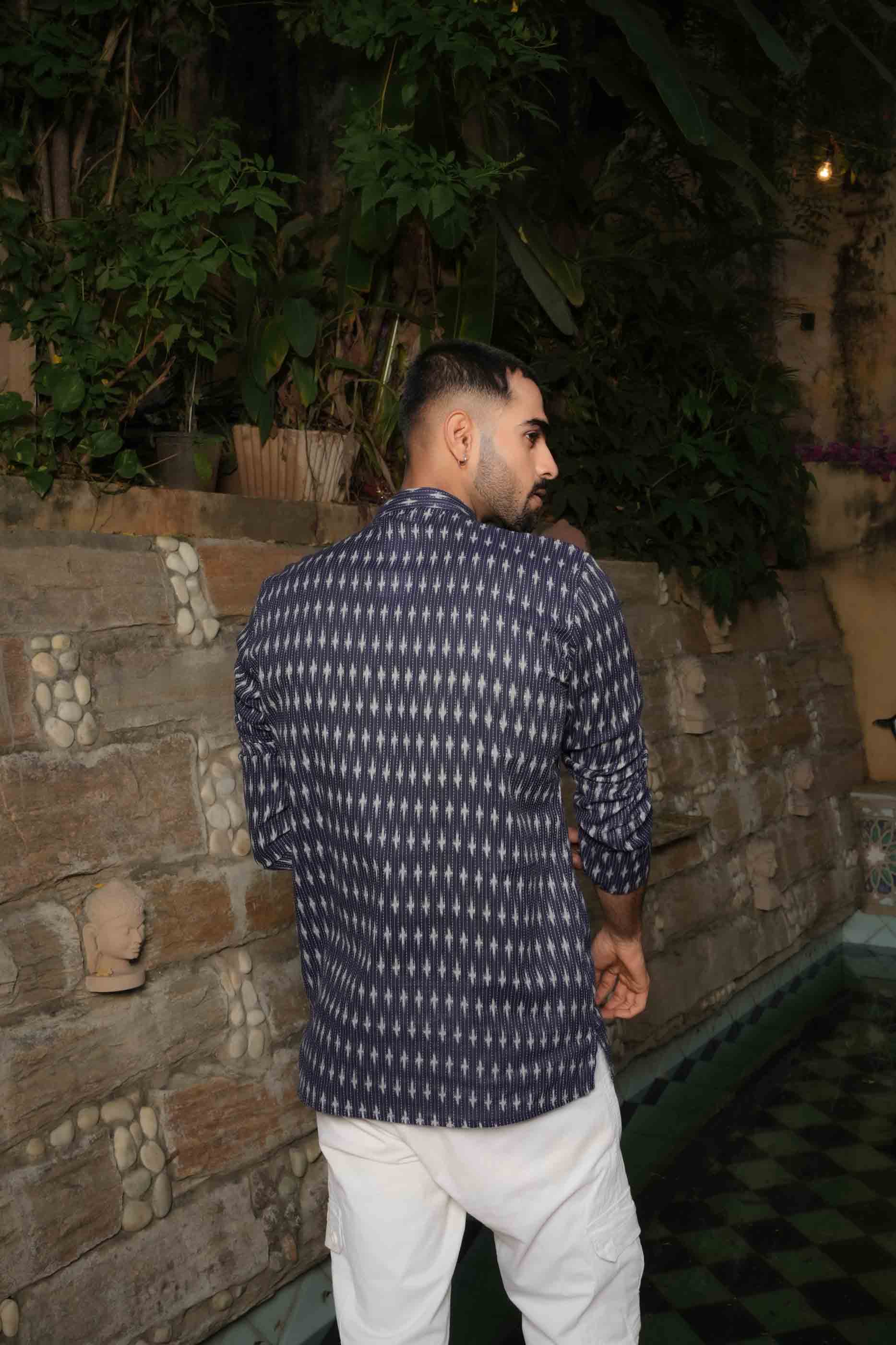 Navy Blue Ikat Printed Short Kurta