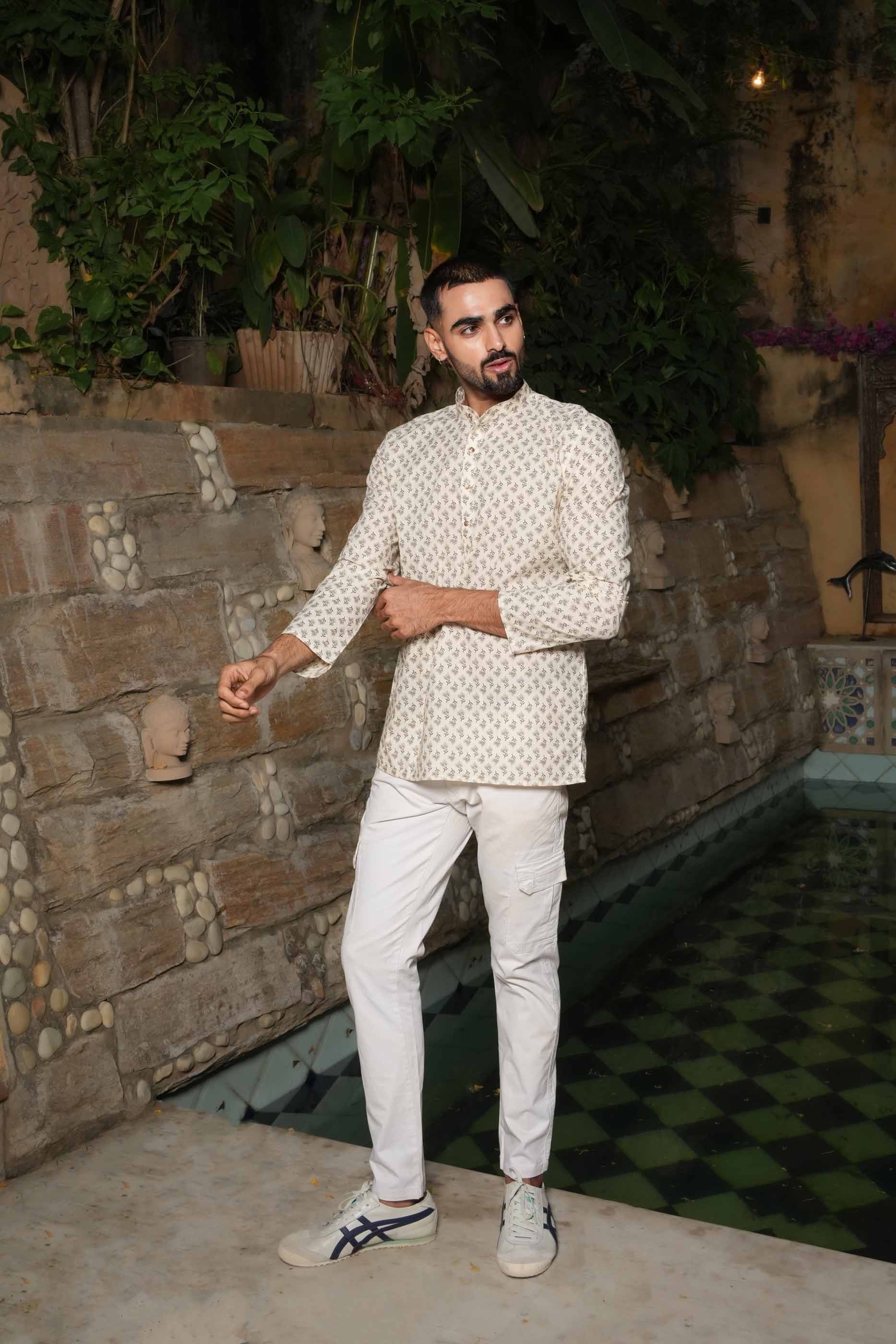 Grey Floral Printed Short Kurta