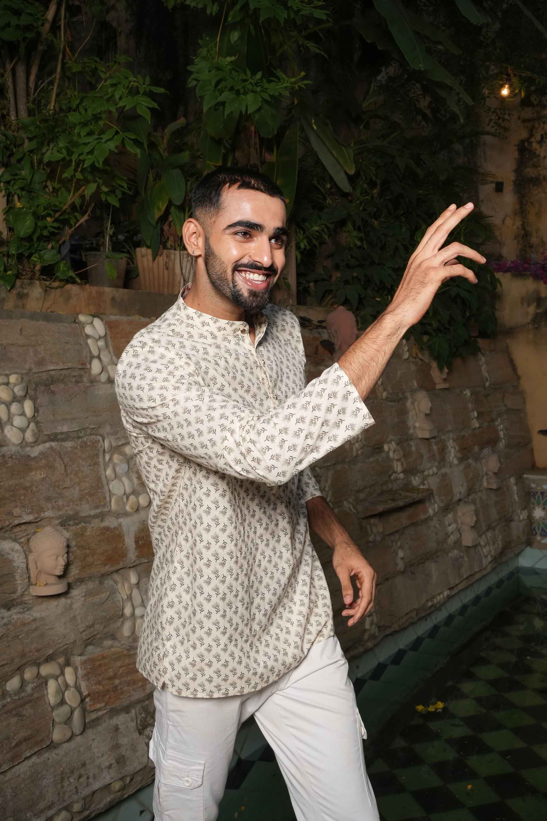 Grey Floral Printed Short Kurta