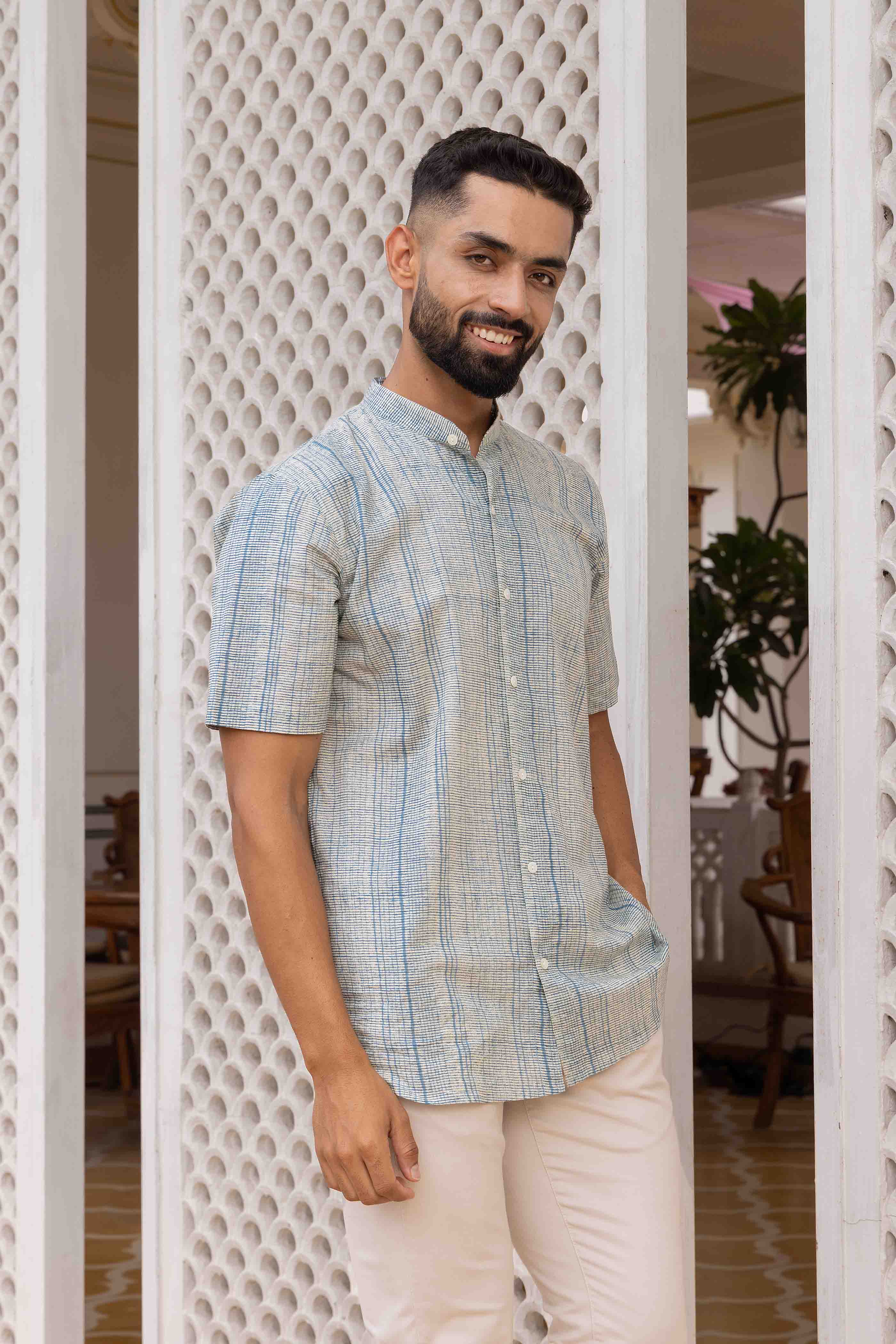 Blue Stripes Printed Cotton Shirt Kurta