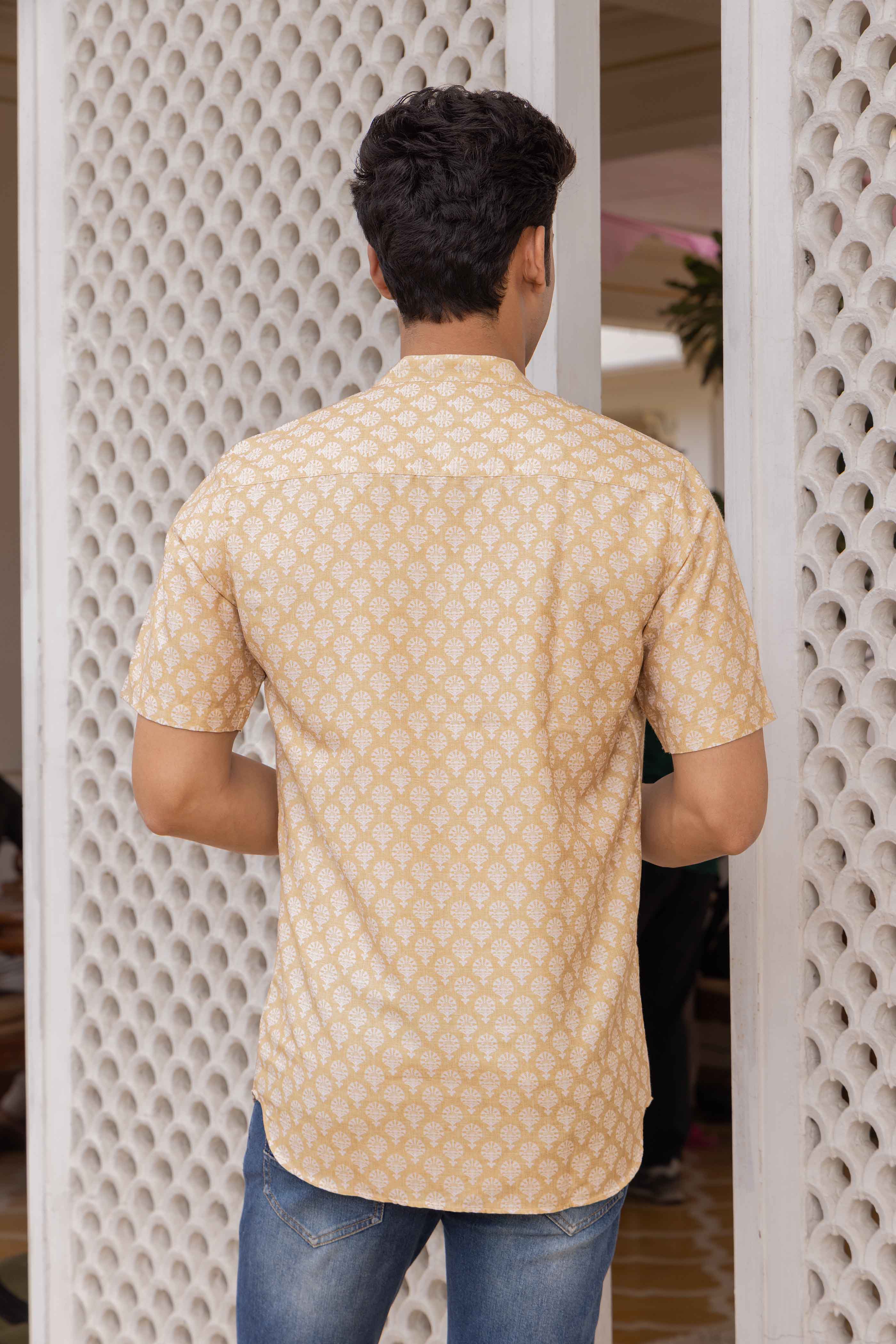 Yellow Motif Printed Cotton Shirt Kurta