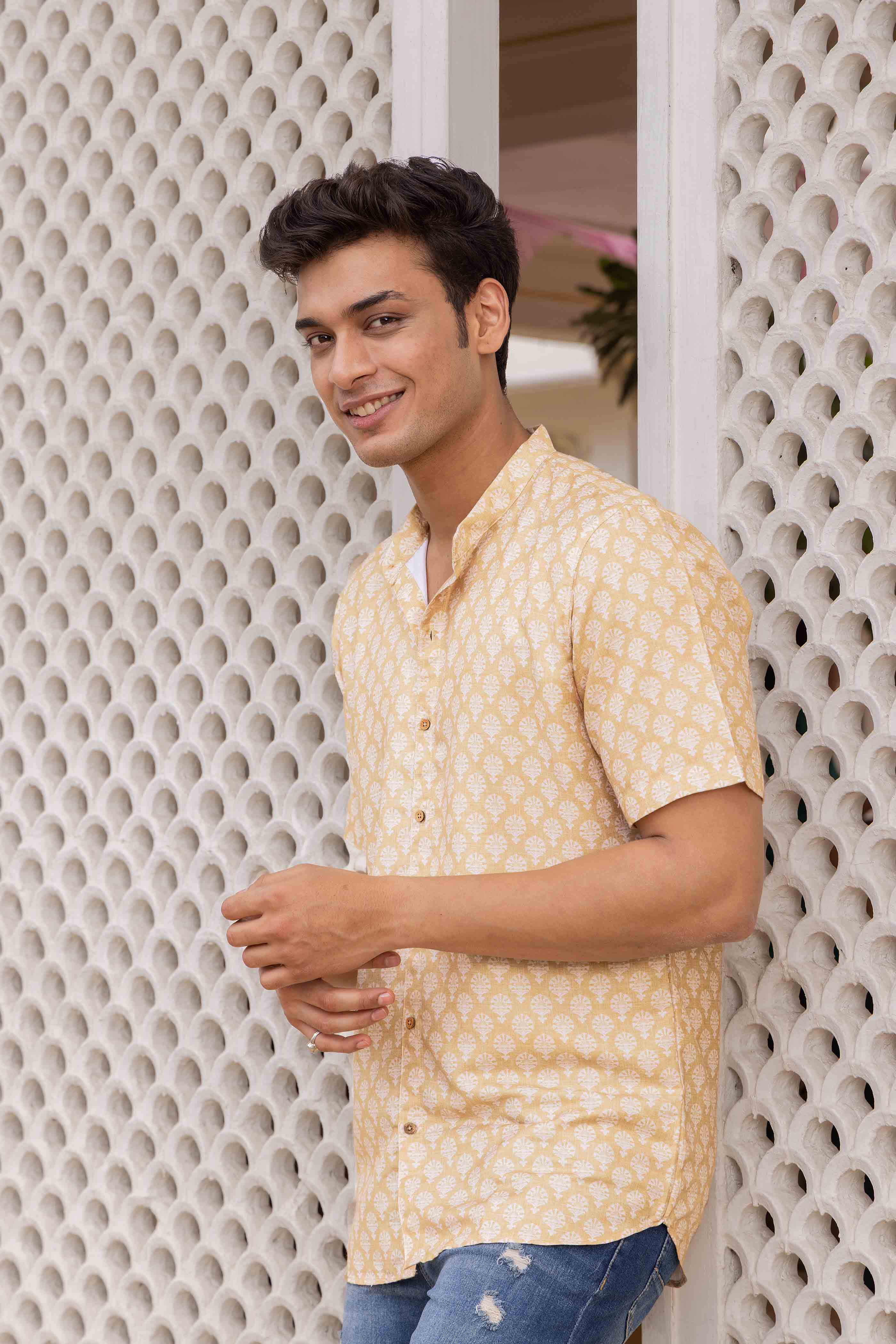 Yellow Motif Printed Cotton Shirt Kurta