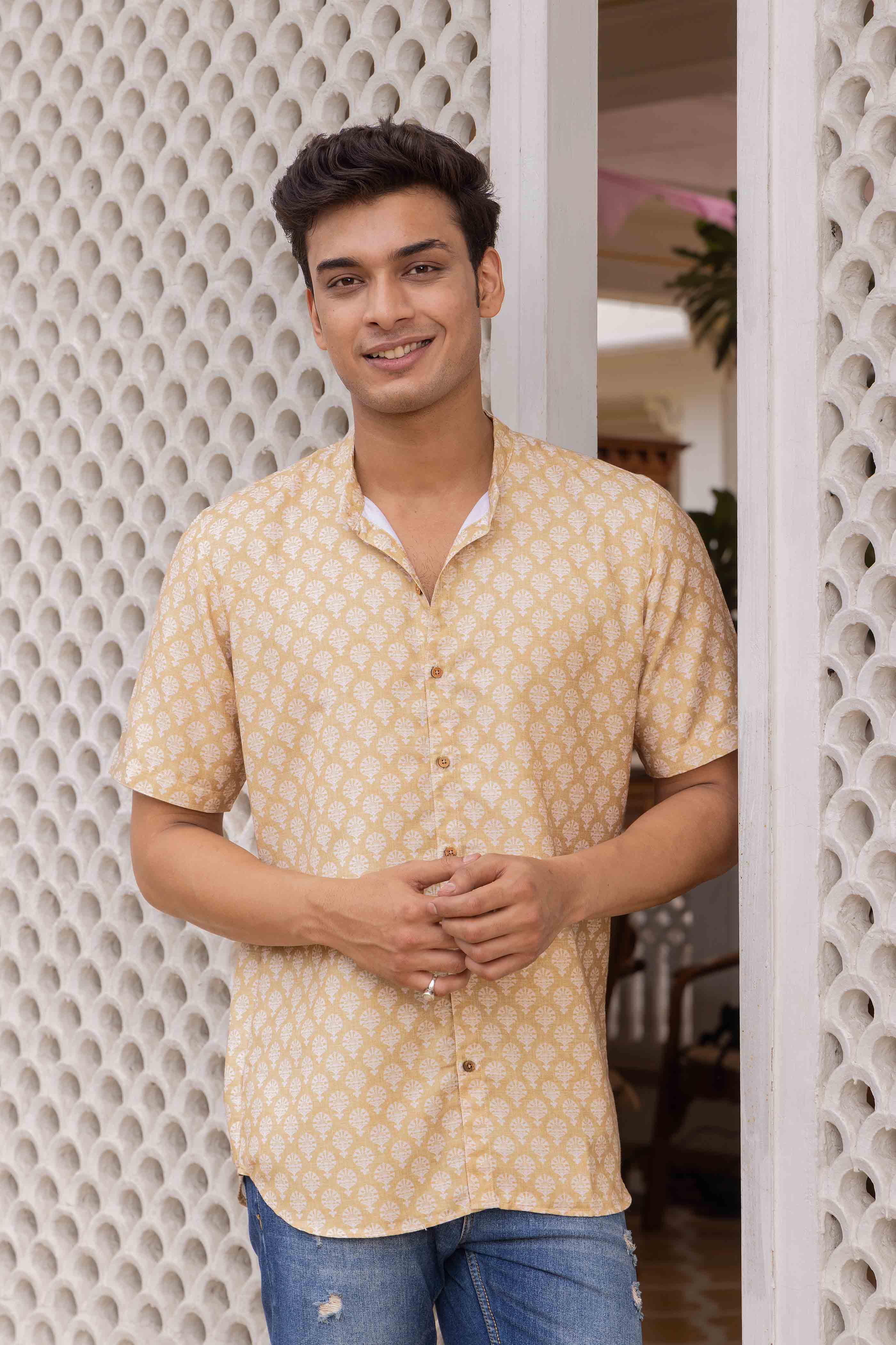 Yellow Motif Printed Cotton Shirt Kurta