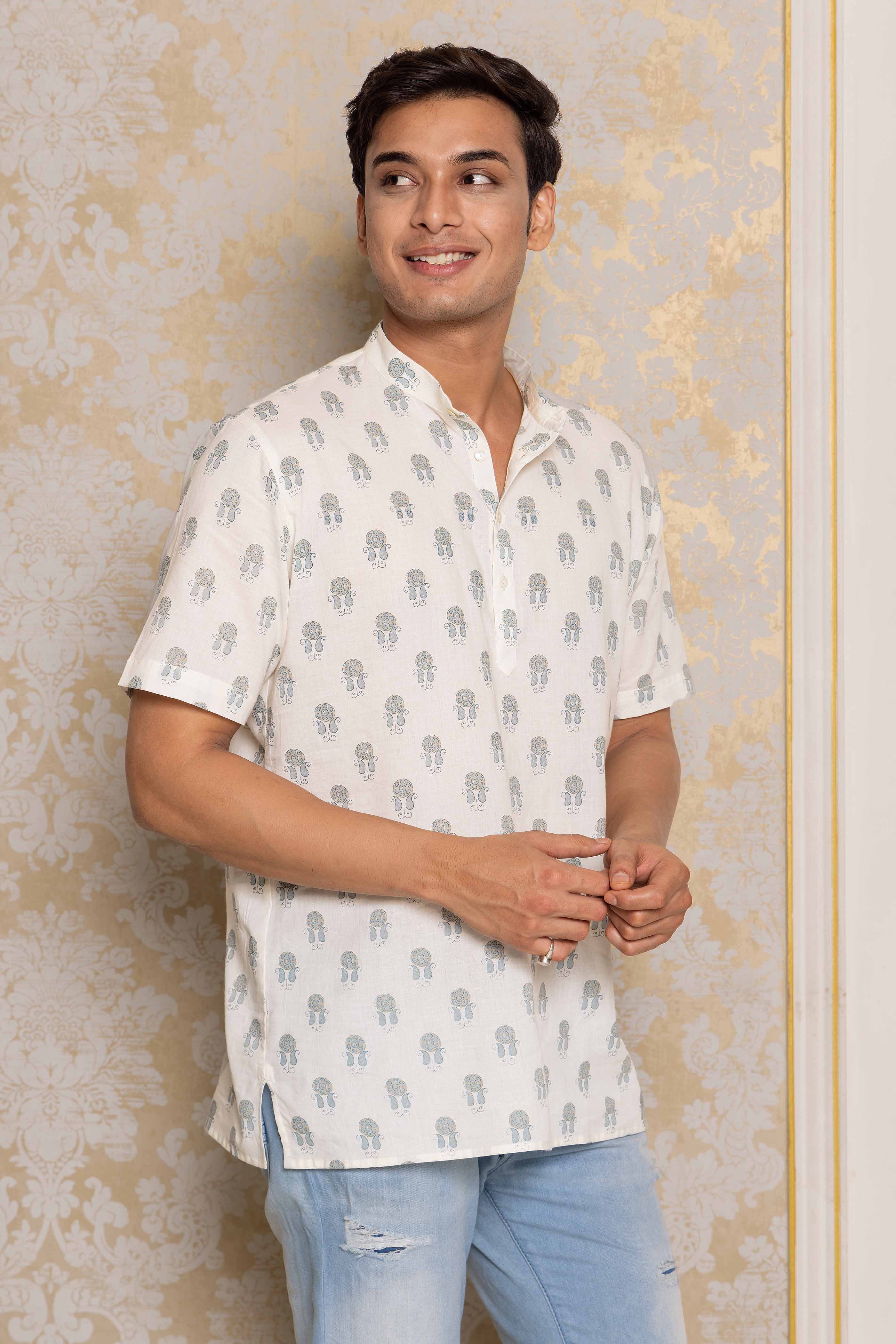 Cream Motif Block Printed Shirt Kurta