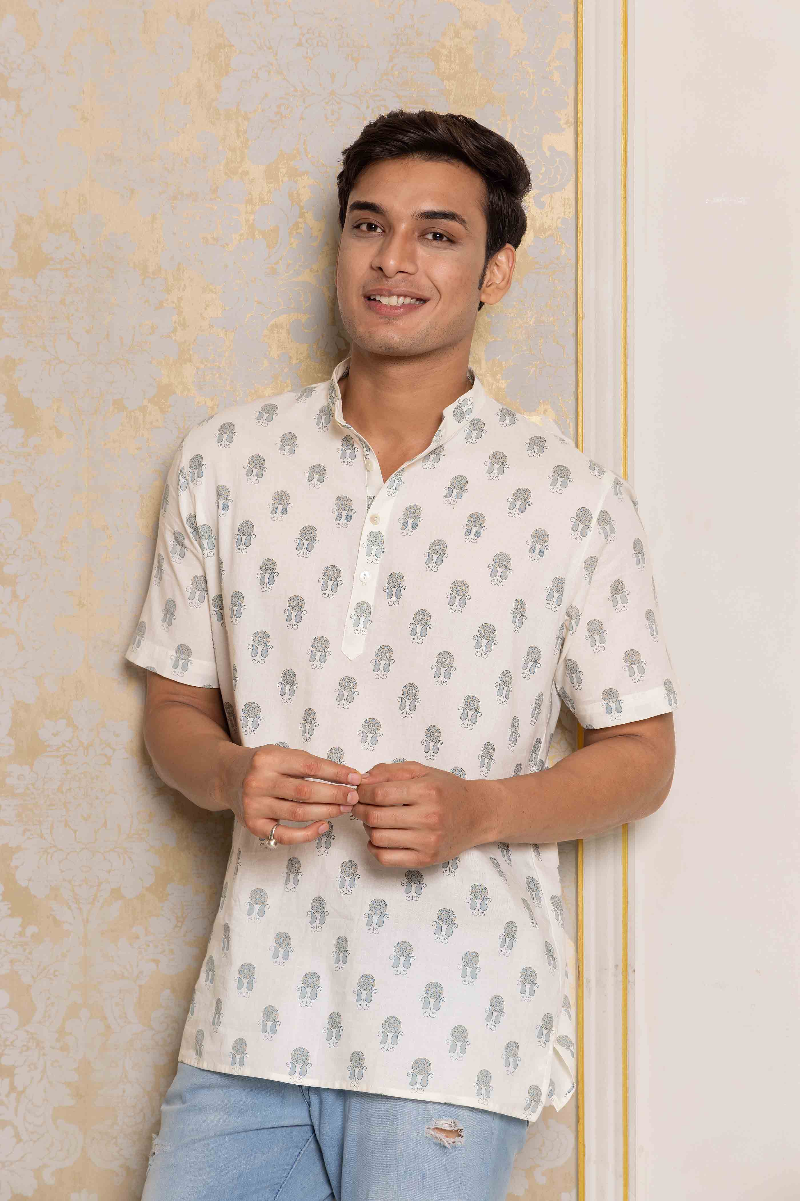Cream Motif Block Printed Shirt Kurta