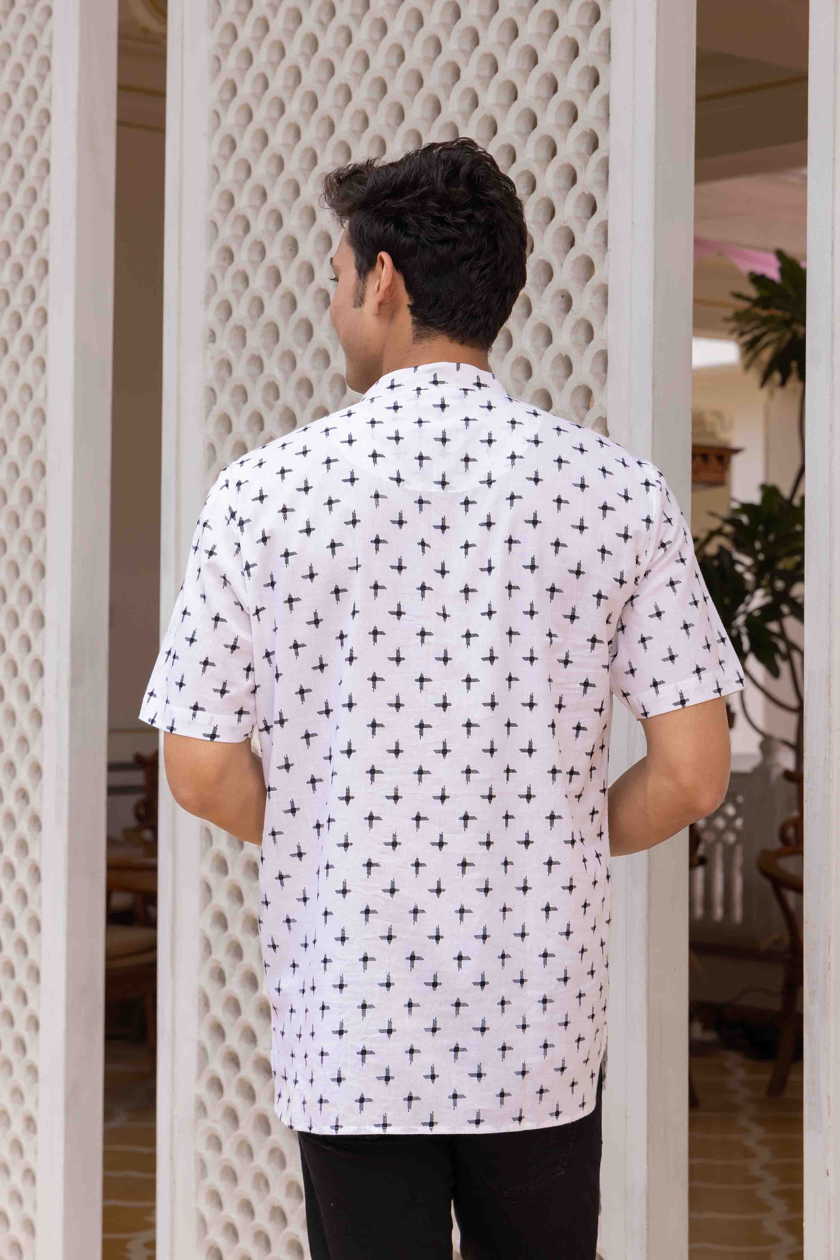 White Geometric Printed Cotton Short Kurta