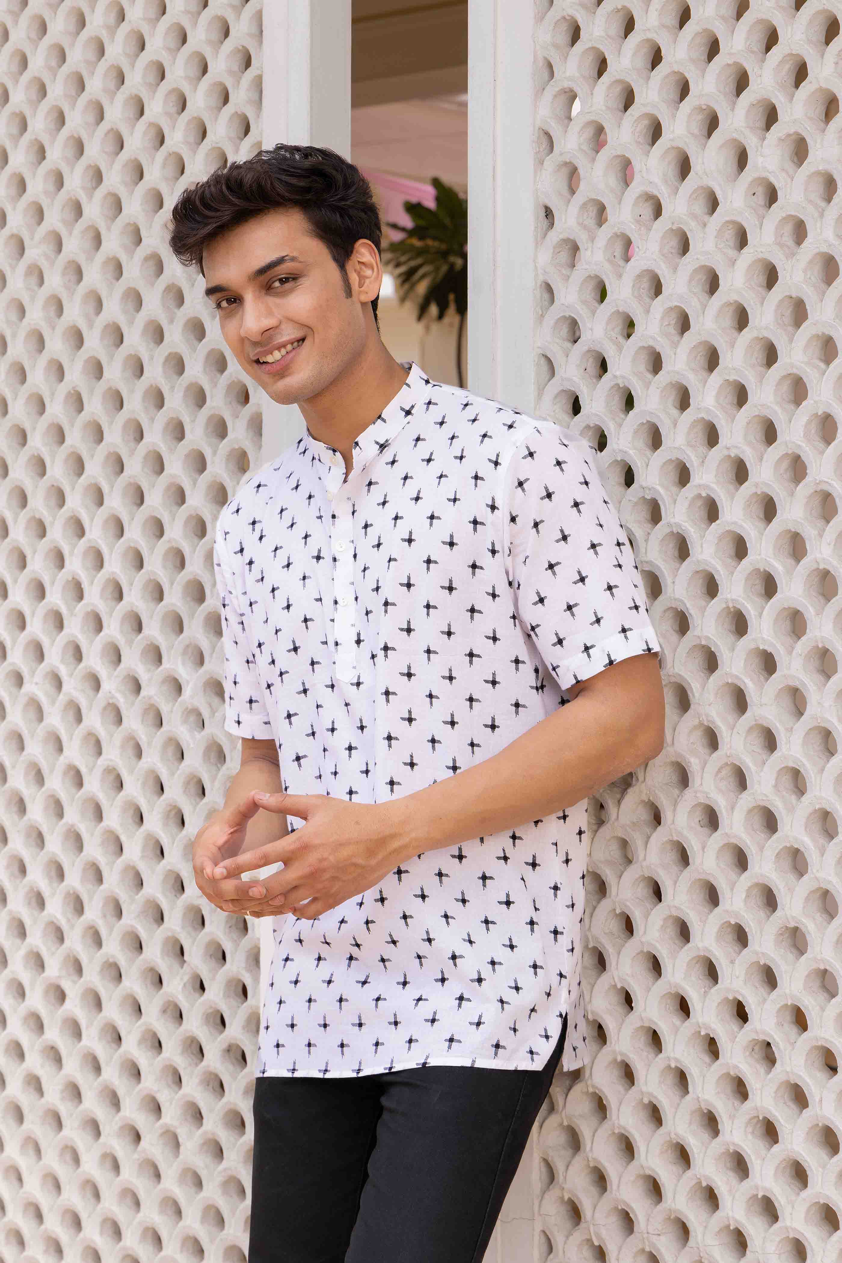 White Geometric Printed Cotton Short Kurta