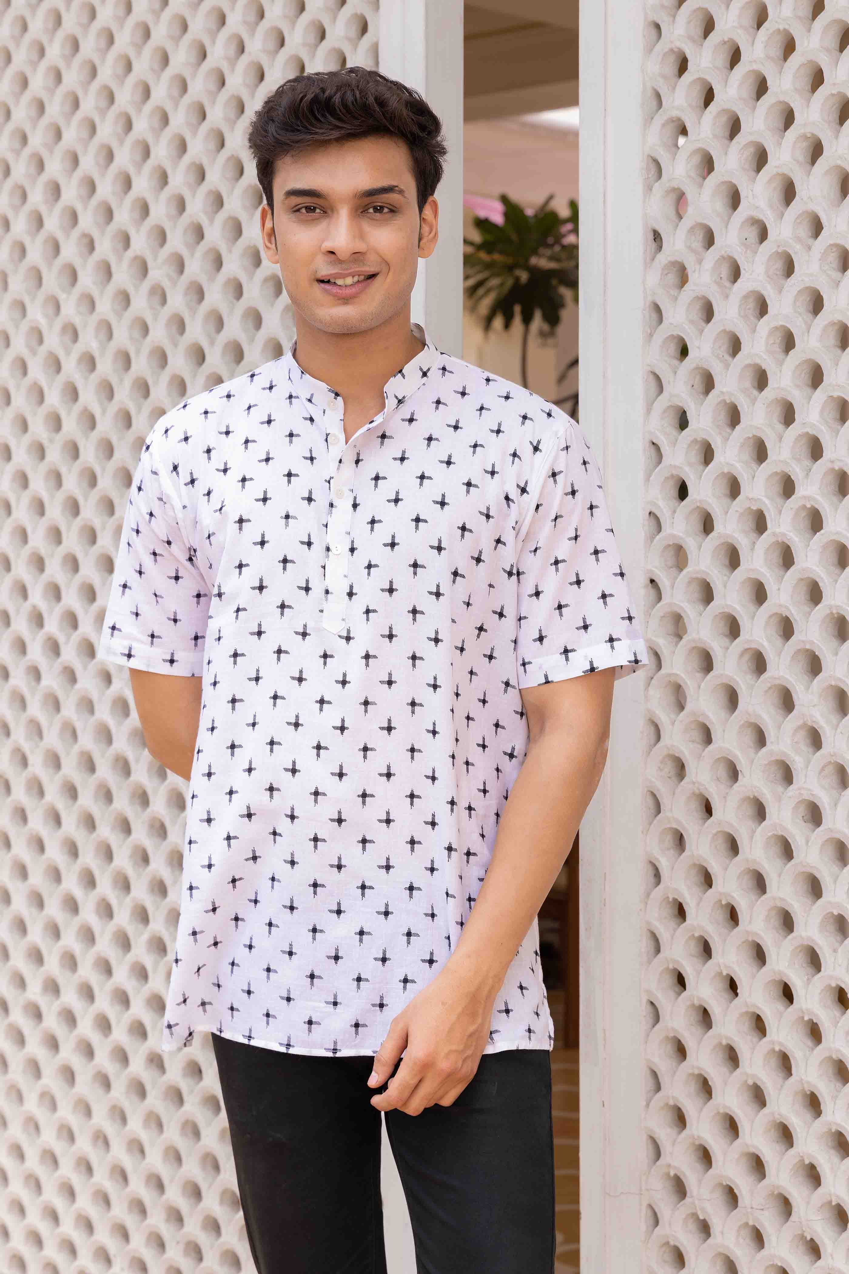White Geometric Printed Cotton Short Kurta